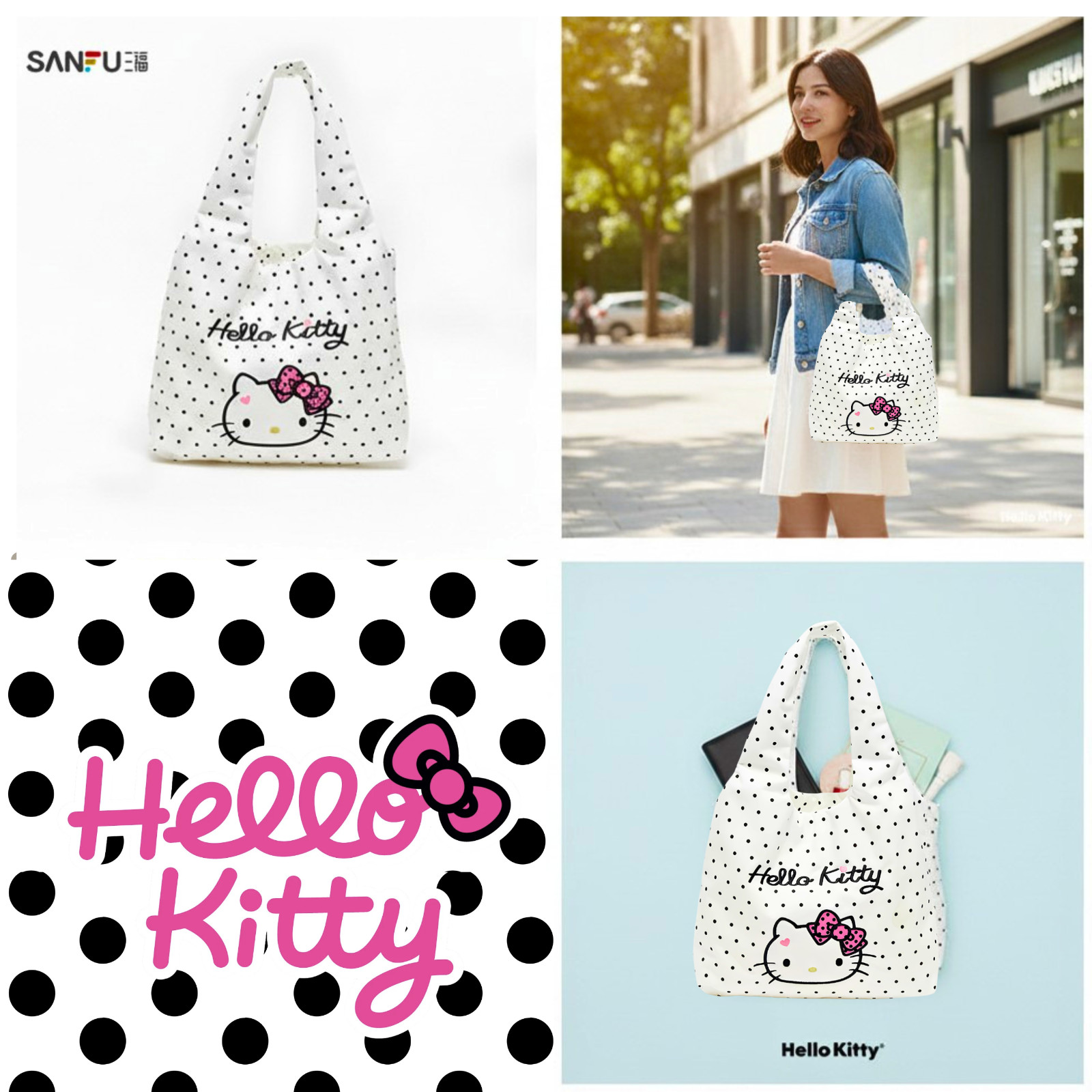 Sanrio Hello Kitty Polka Dot Tote Bag Authentic Embroidered Face Shoulder Bag