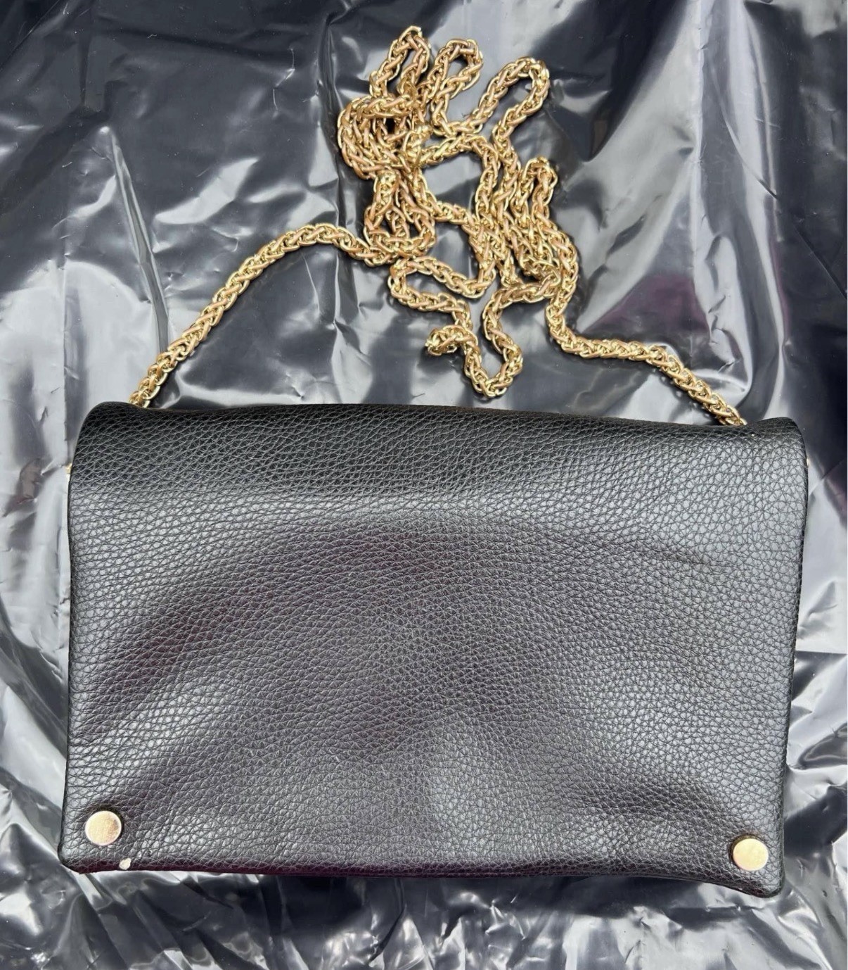 Women’s Black Pebbled Crossbody Bag Gold Chain Strap, Snap Closure Rectangle