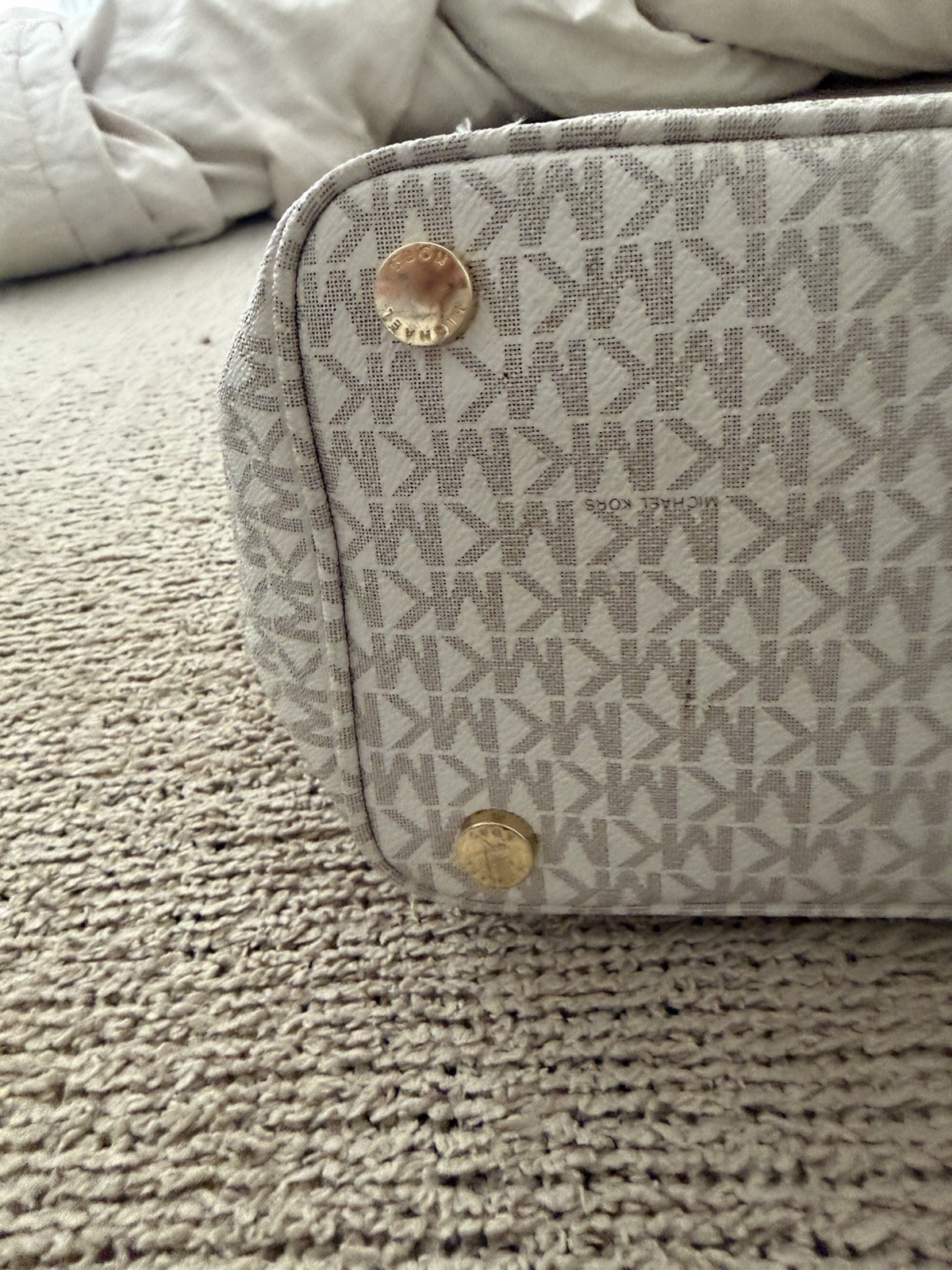 Michael Kors Logo Backpack White/Gray Brown Leather Strap Gold Hardware Charm