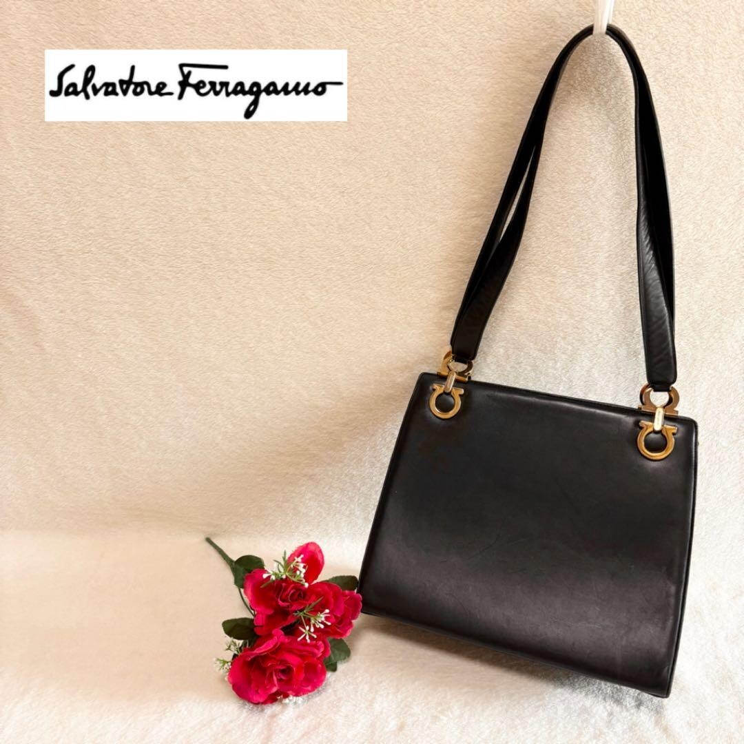 Salvatore Ferragamo Black Leather Double Gancini Shoulder Bag Gold Hardware