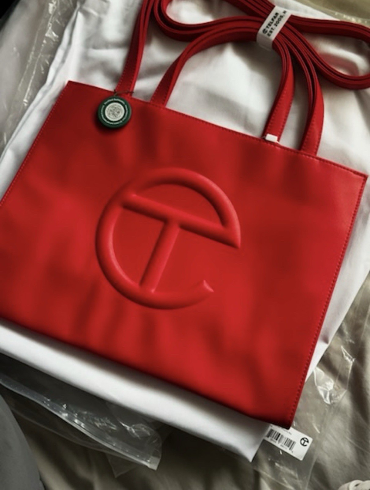 Telfar Red Logo Shopping Bag Tote, Double Handles, Includes Original Dust Bag