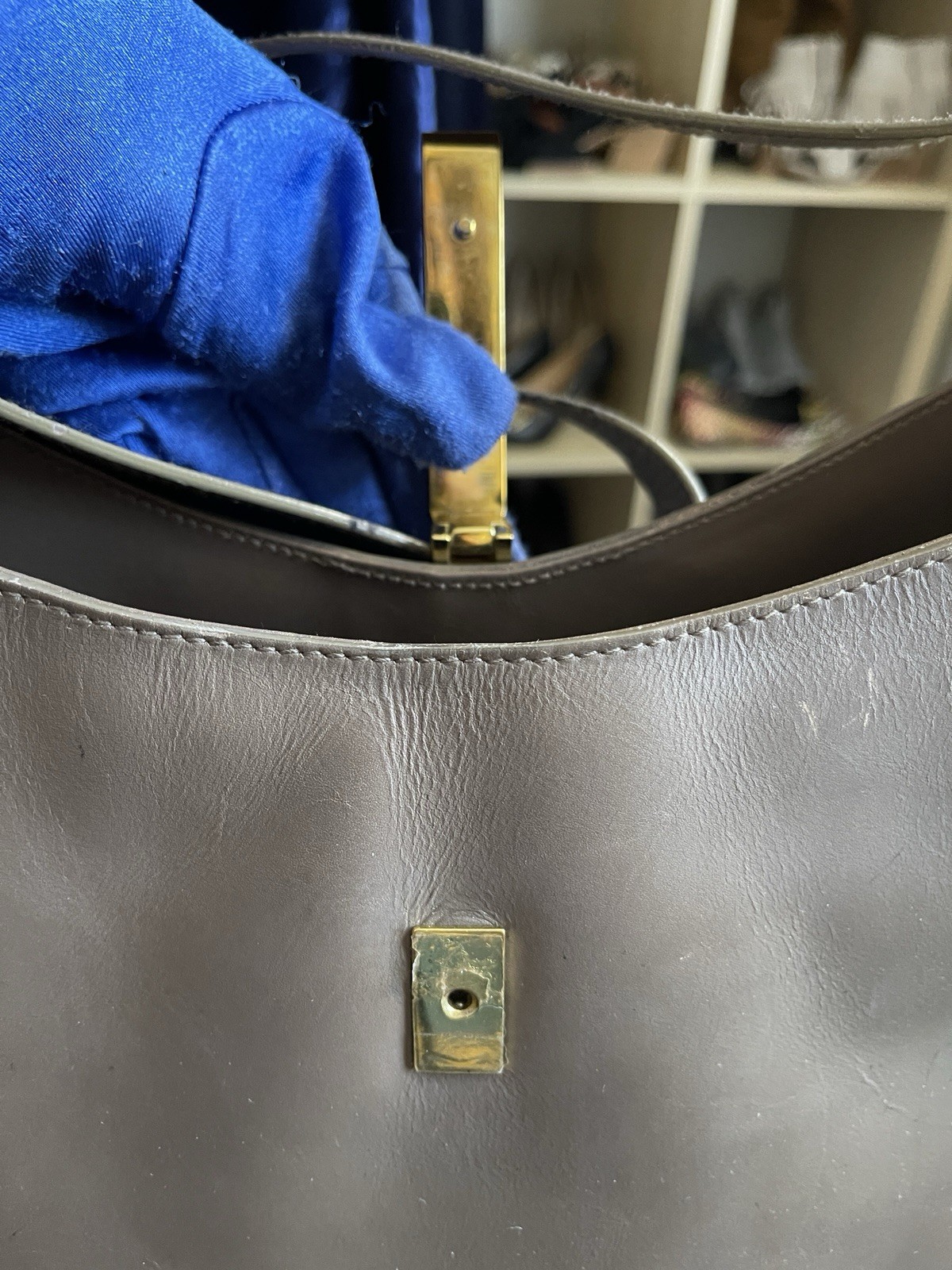 AUTH GUCCI Oversized GOLD CLASP Leather Vintage Retro Hobo Brown Shoulder Bag