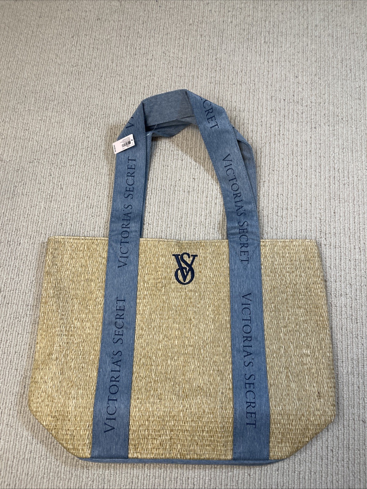 Victoria’s Secret Straw Beach Tote Bag Large Weekender Travel Blue Denim