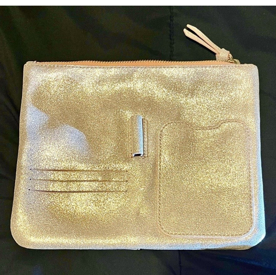 Anthropologie Metallic Gold Zip Wristlet Clutch Lined Solid Rectangle Women