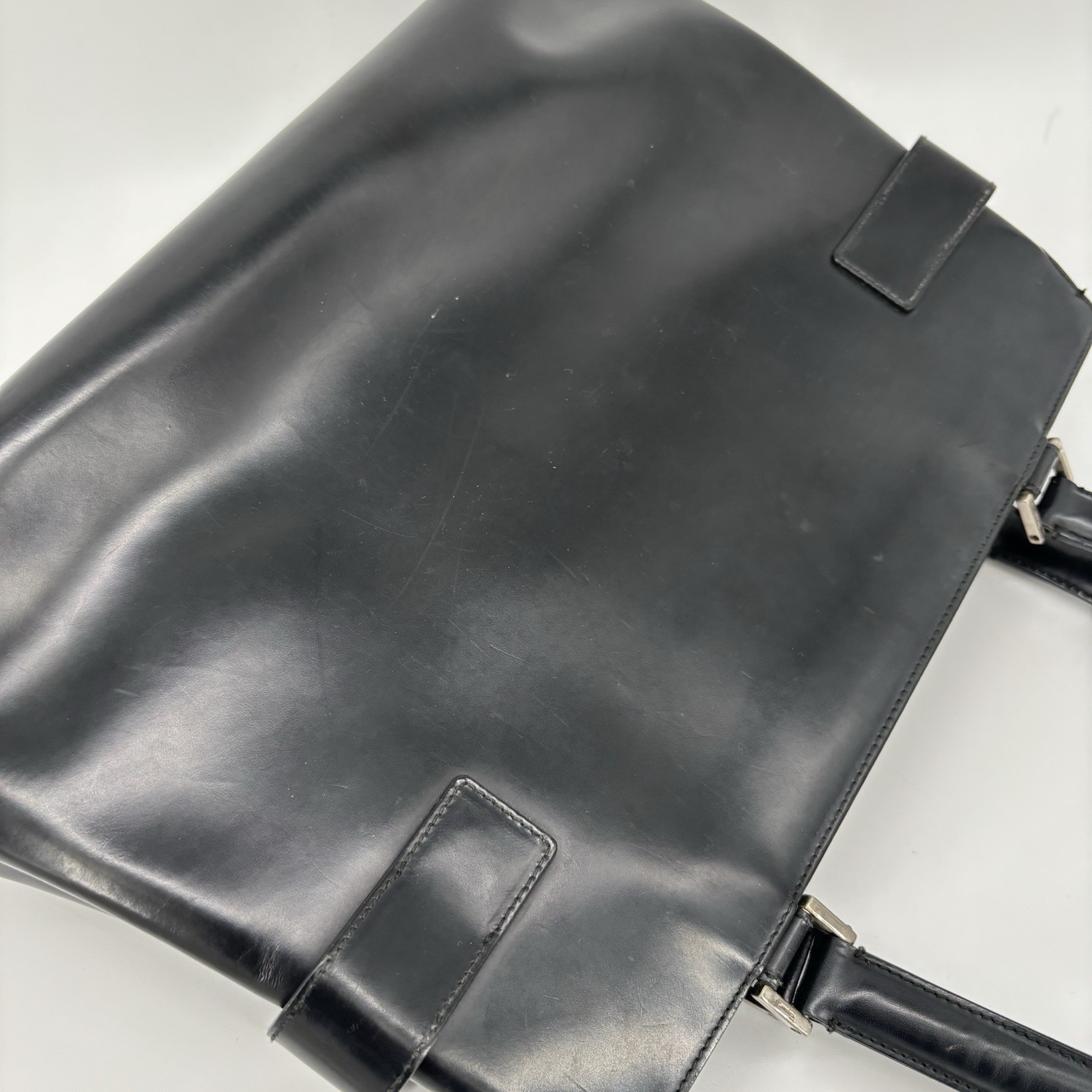Ferragamo Gancini Black Leather Tote Handbag Silver Hardware Worn No Strap Japan