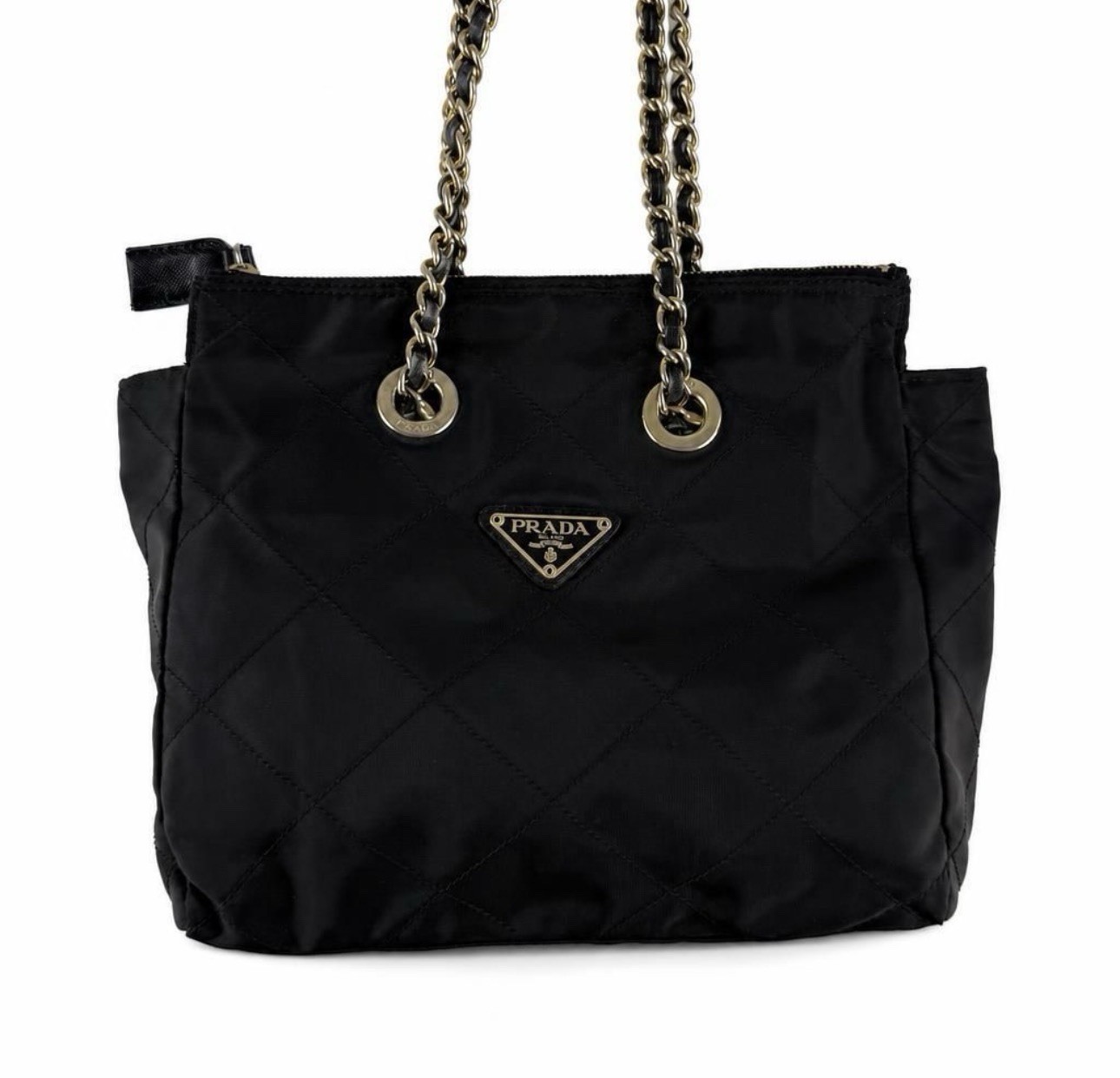 PRADA Black Quilted Shoulder Bag Gold Chain Strap Logo Accent Zip Closure
