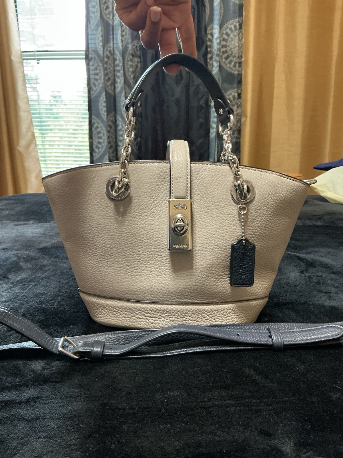 Coach Medium Beige Satchel Top Handle, Zip & Turn Lock, Detachable Strap Charm