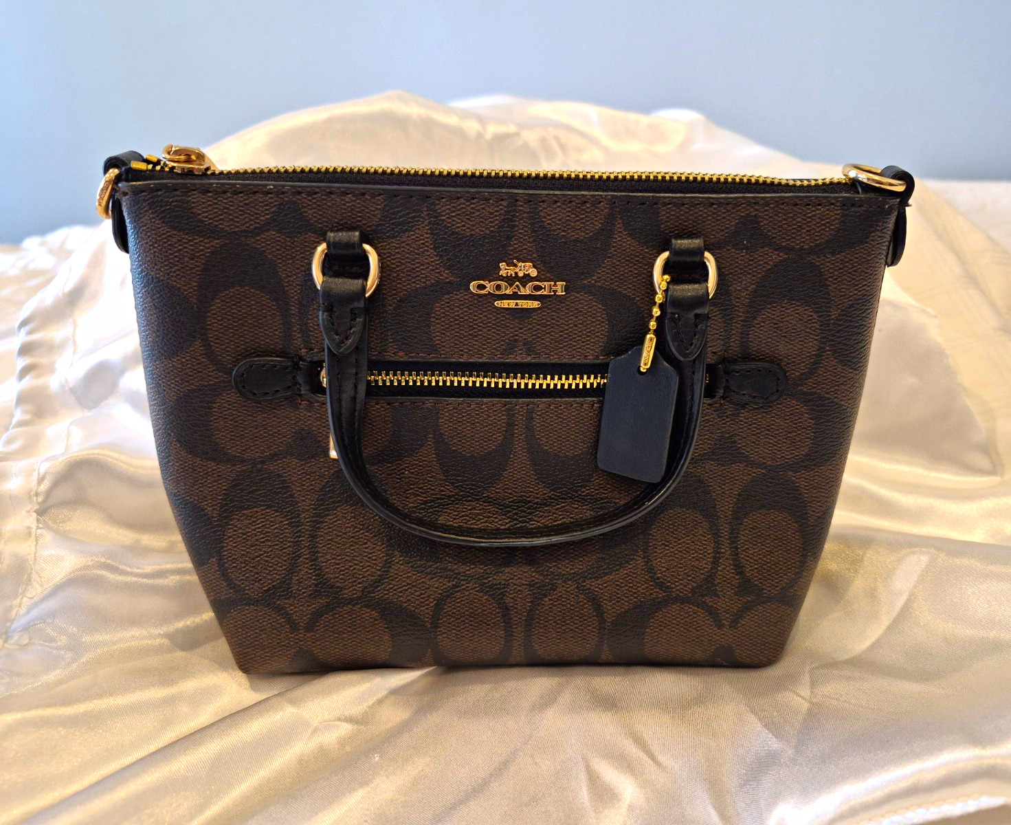 Coach Signature C Brown/Black Zip Satchel Top Handle, Detachable Strap, Gold