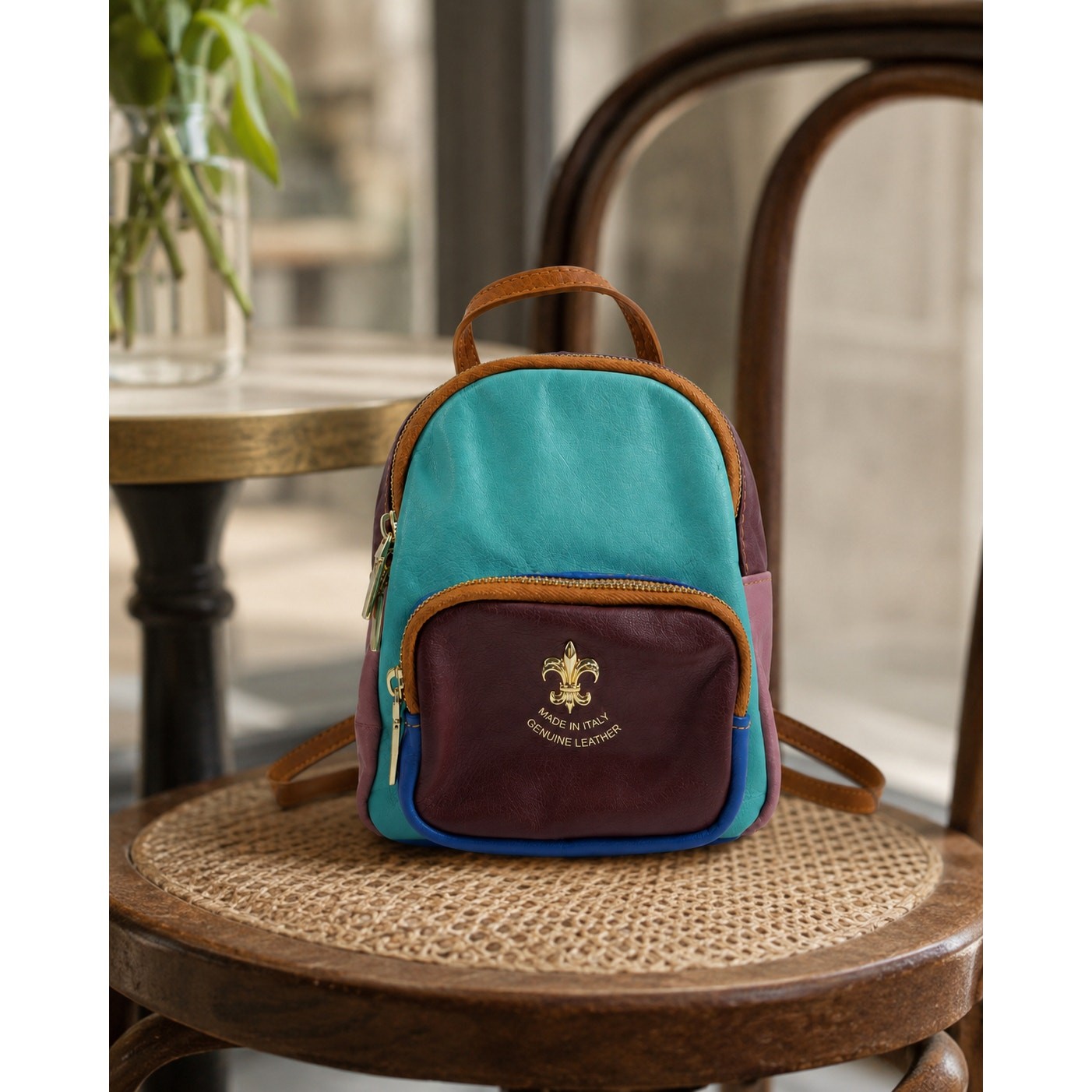 Multicolor Genuine Leather Mini Backpack Crossbody Bag Fleur-de-Lis