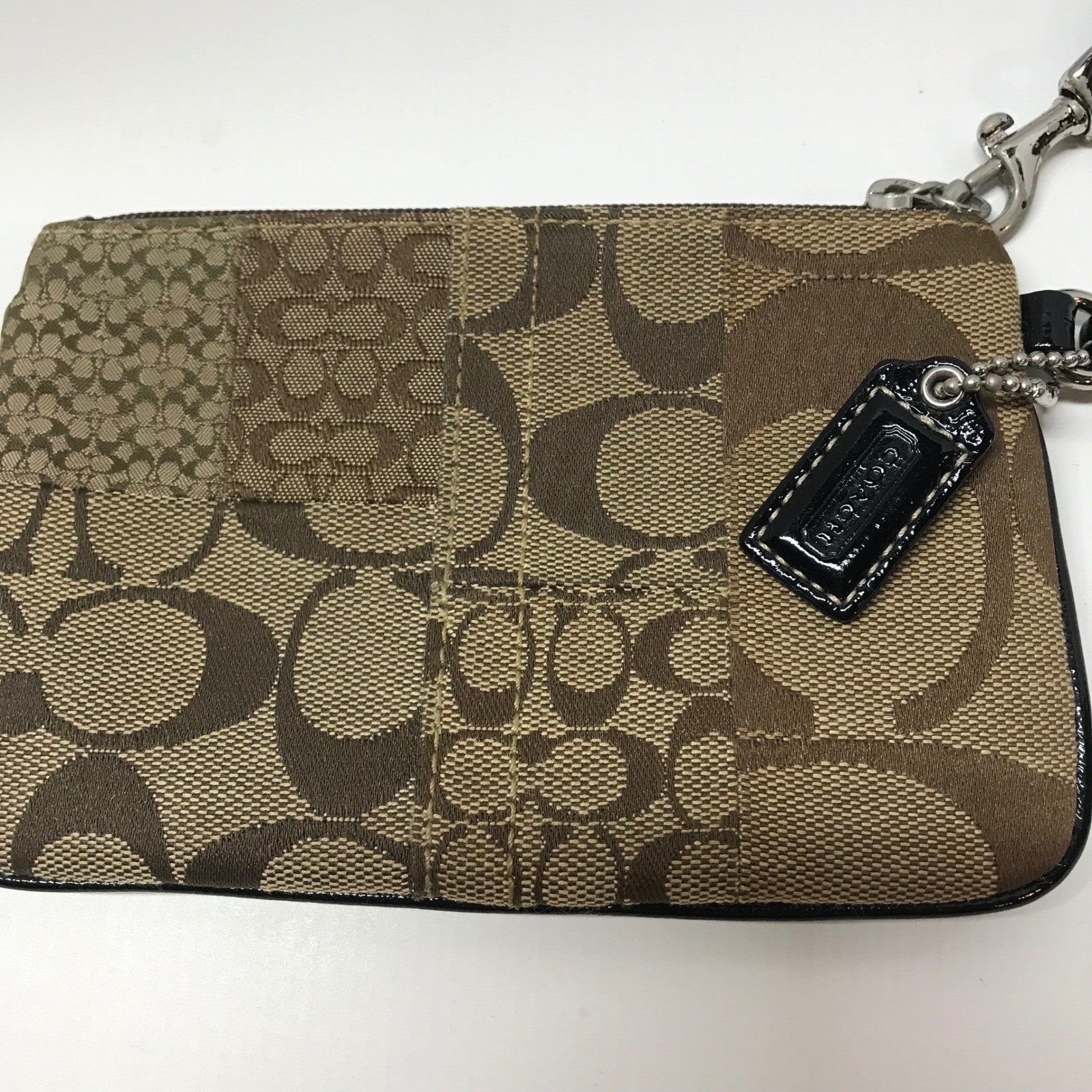 Coach Signature C Patchwork Wristlet Brown Tan Jacquard Teal Lining Small Bag