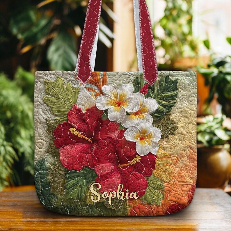Personalized Hibiscus Quilted Tote Bag – Tropical Plumeria Floral Quilt Handbag,