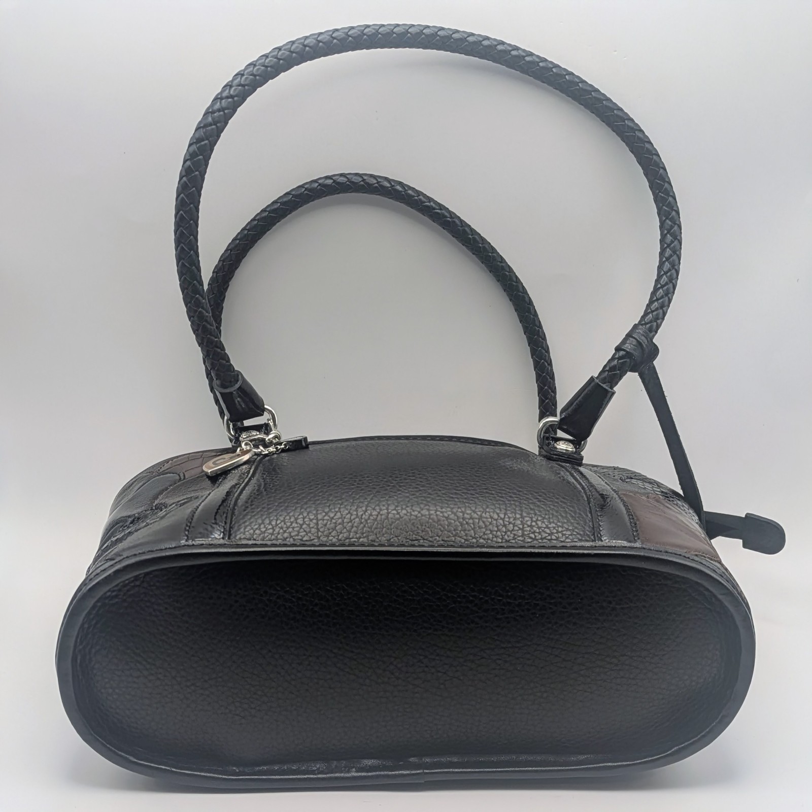 Vtg Brighton Fresca Black & Chocolate Purple Lining Leather 3D HEARTS Handbag