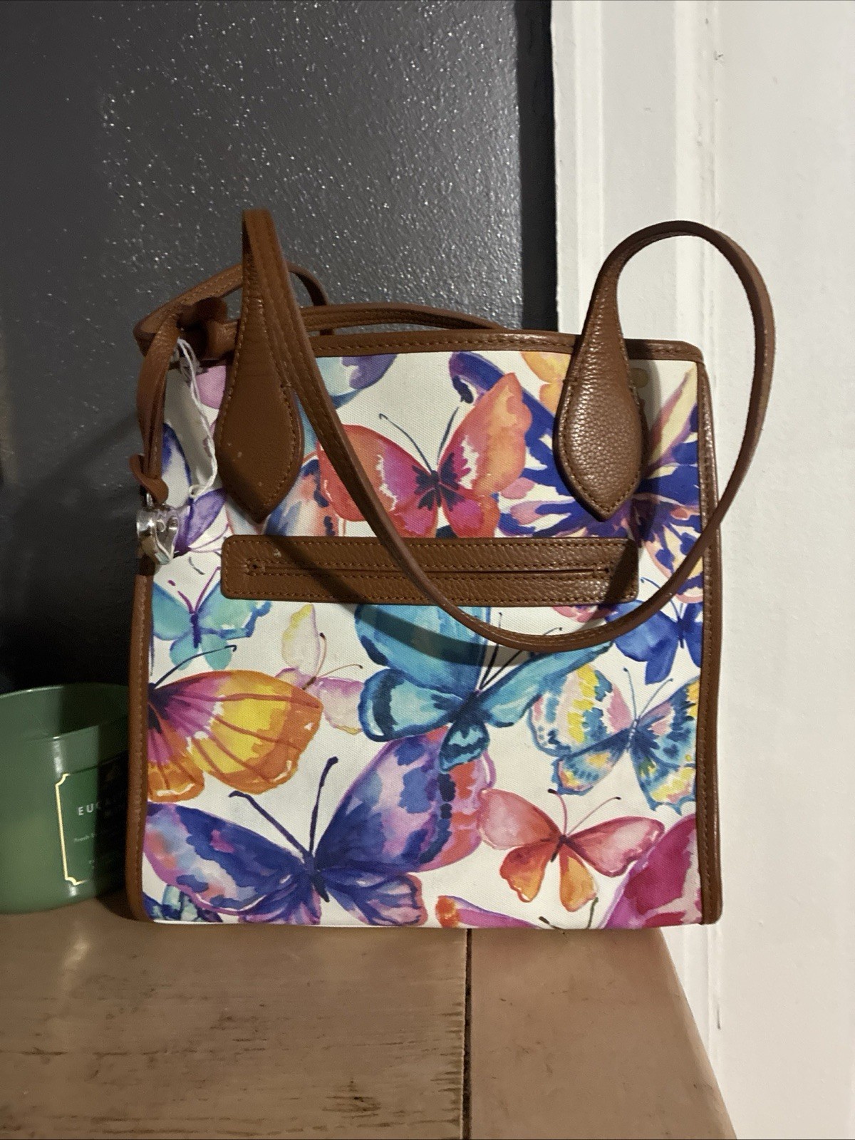 Brighton Butterfly Sky Shopper Coated Canvas Leather Trim Tote Bag Purse