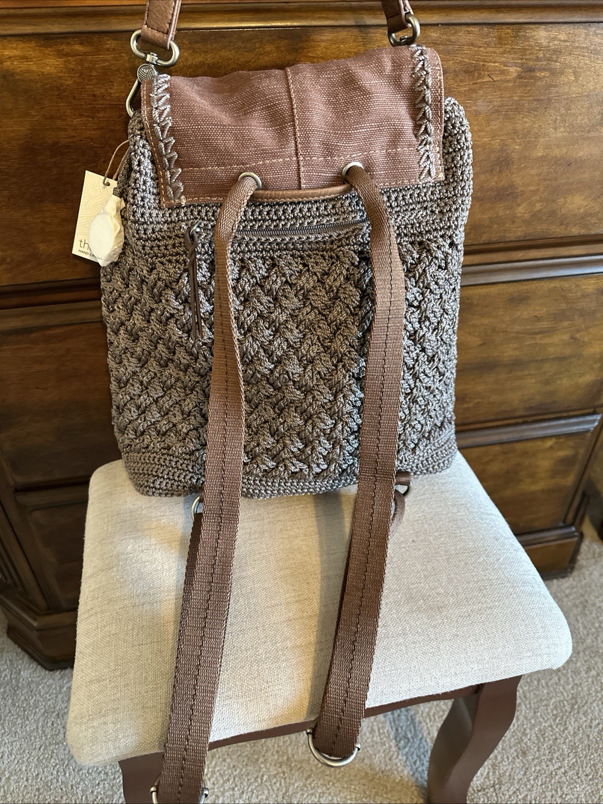 The SAK Avalon Convertible Brown Crochet Backpack Purse NWOT