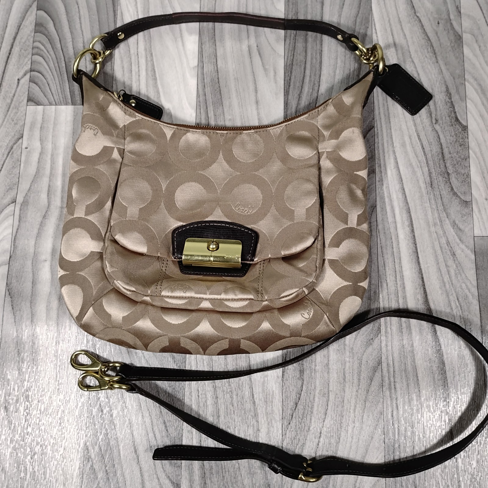 Coach Kristin Op Art Sateen Hobo Bag 19331 Khaki Mahogany Signature Shoulder