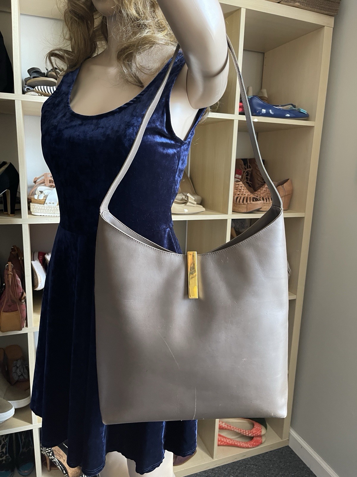 AUTH GUCCI Oversized GOLD CLASP Leather Vintage Retro Hobo Brown Shoulder Bag