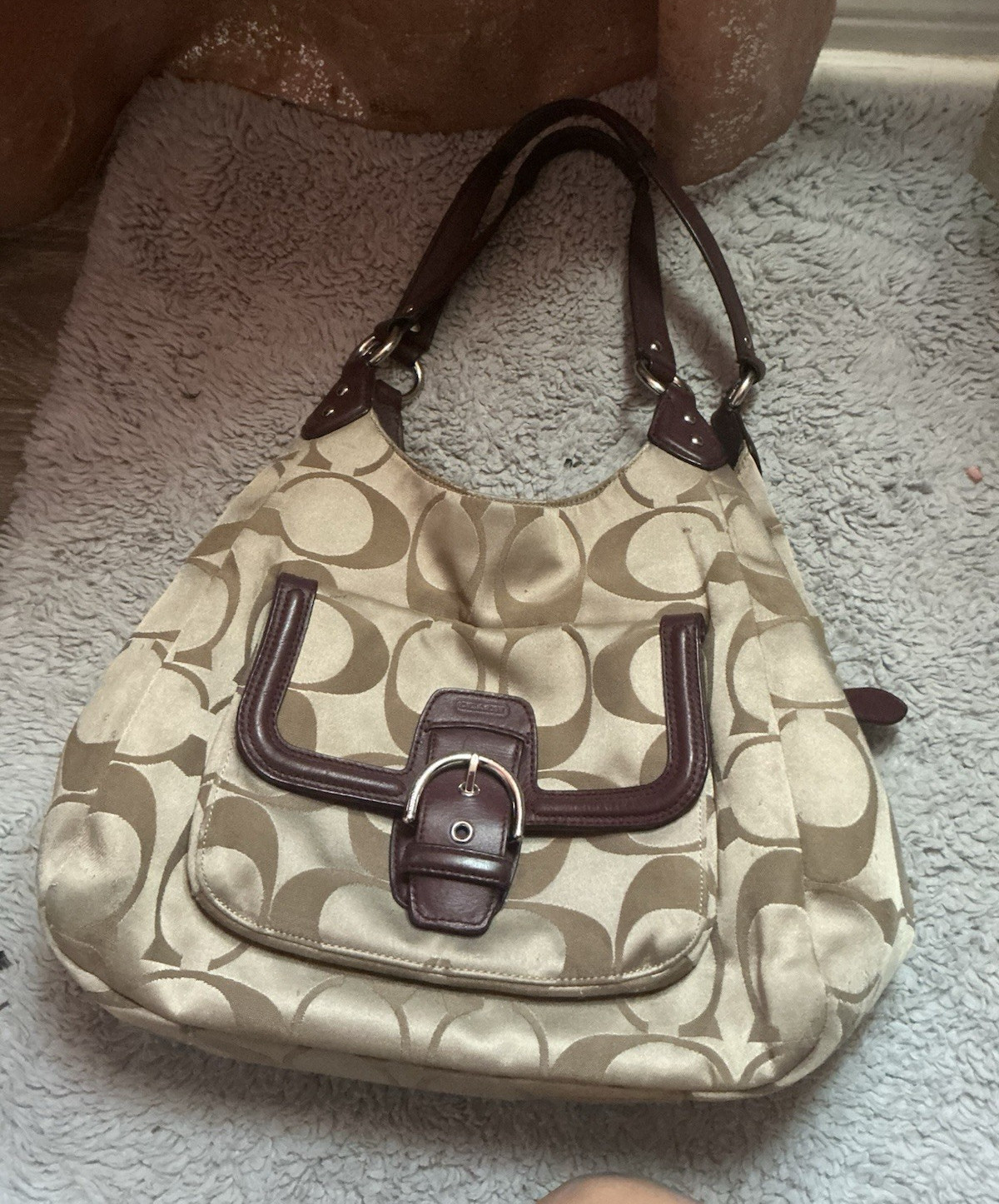 Coach Signature Monogram Beige Hobo Shoulder Bag Zip Buckle Detachable