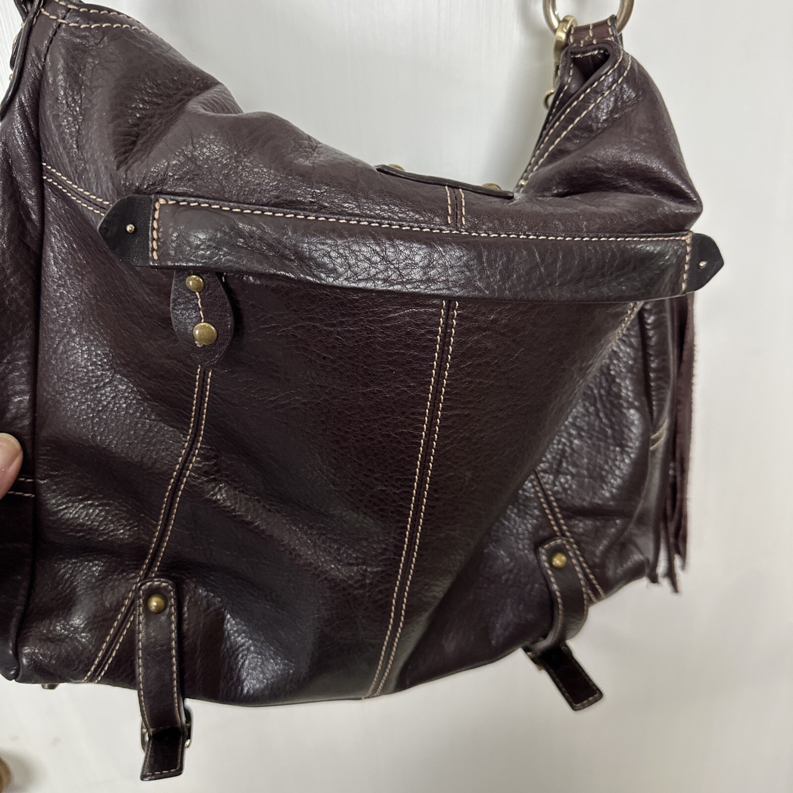 Vintage Hayden Harnett Havana Shoulder Bag Hobo Tassel Brown Leather Topstitch