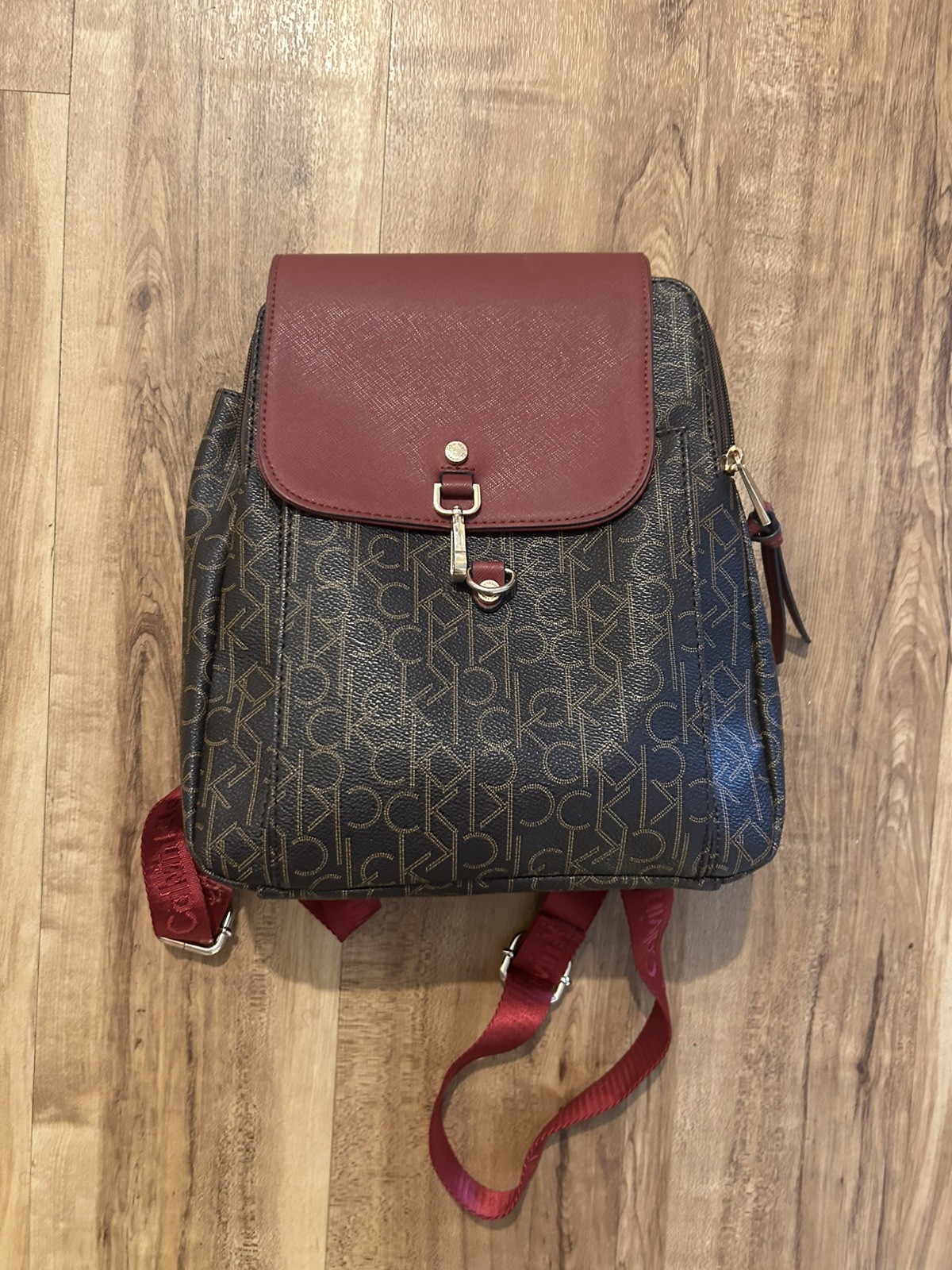 Calvin Klein Signature Backpack Bag Brown PVC & Dusty Rose Saffiano Leather Gold