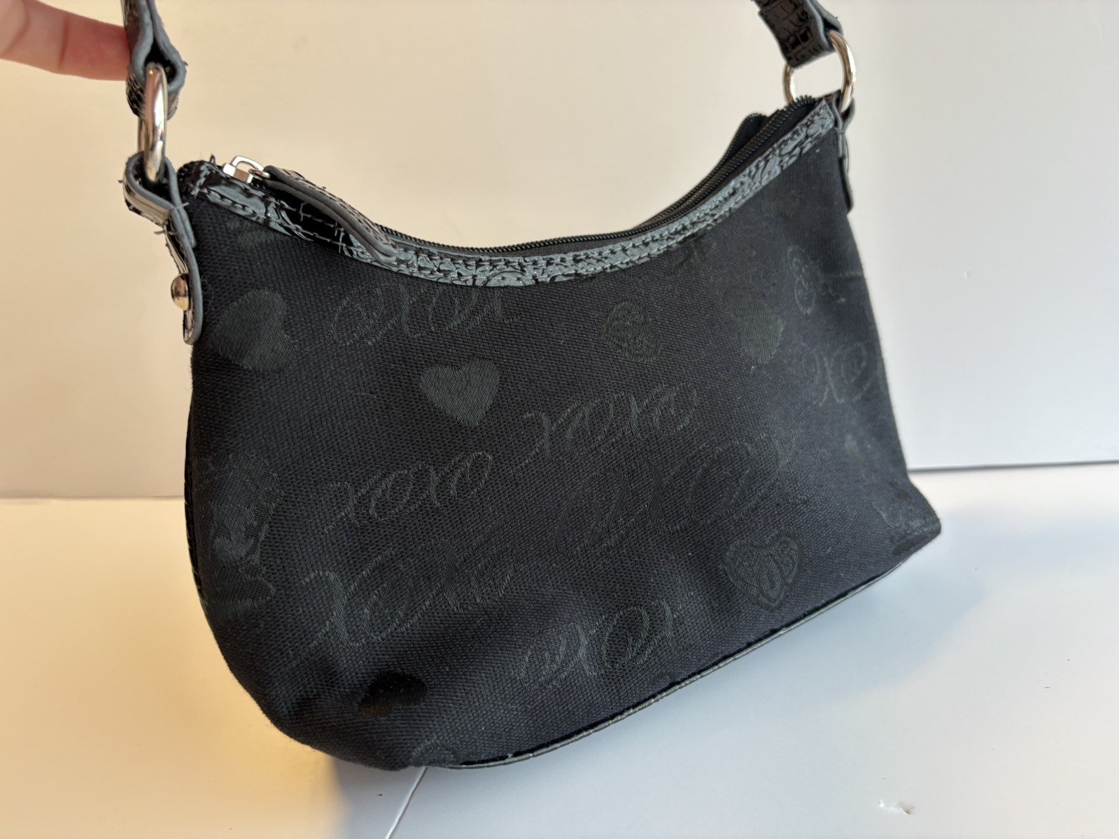 VTG XOXO Black Jacquard Purse Hearts Script Print Silver Hardware Cyber Y2K NEW