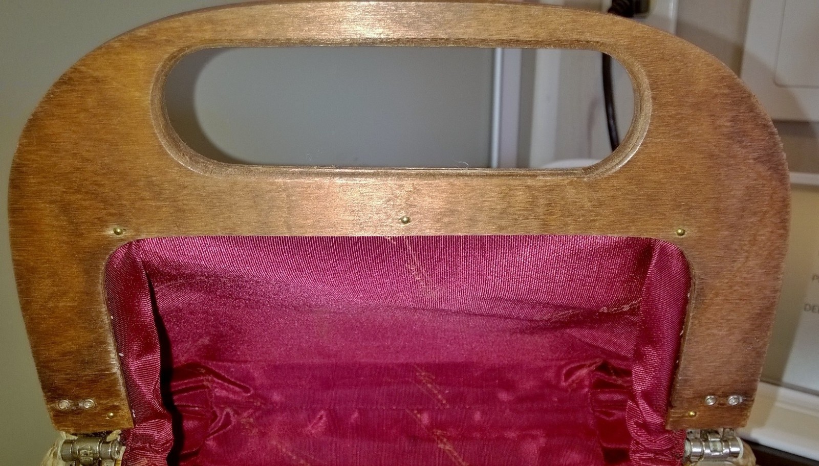 Vintage 60s 70s ETIENNE AIGNER Linen Leather Handbag Clutch Bag Wood Top Handle
