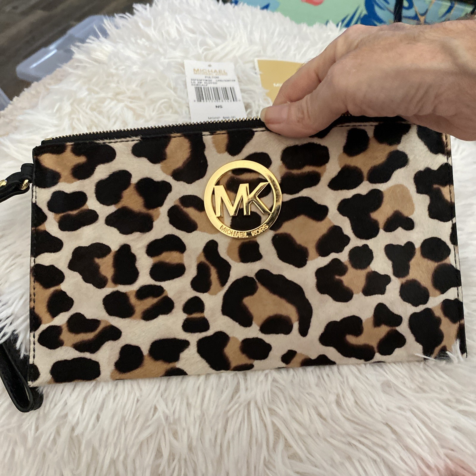 MICHAEL KORS LEOPARD PRINT CALF HAIR TRIM LEATHER Fulton Clutch Pristine