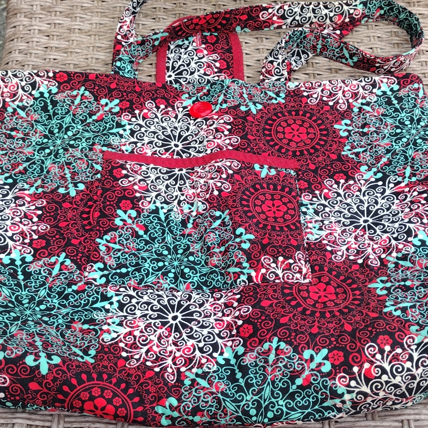 Red Black White Turquoise Floral Tote Bag, Shoulder Strap, Button, Lined Pockets