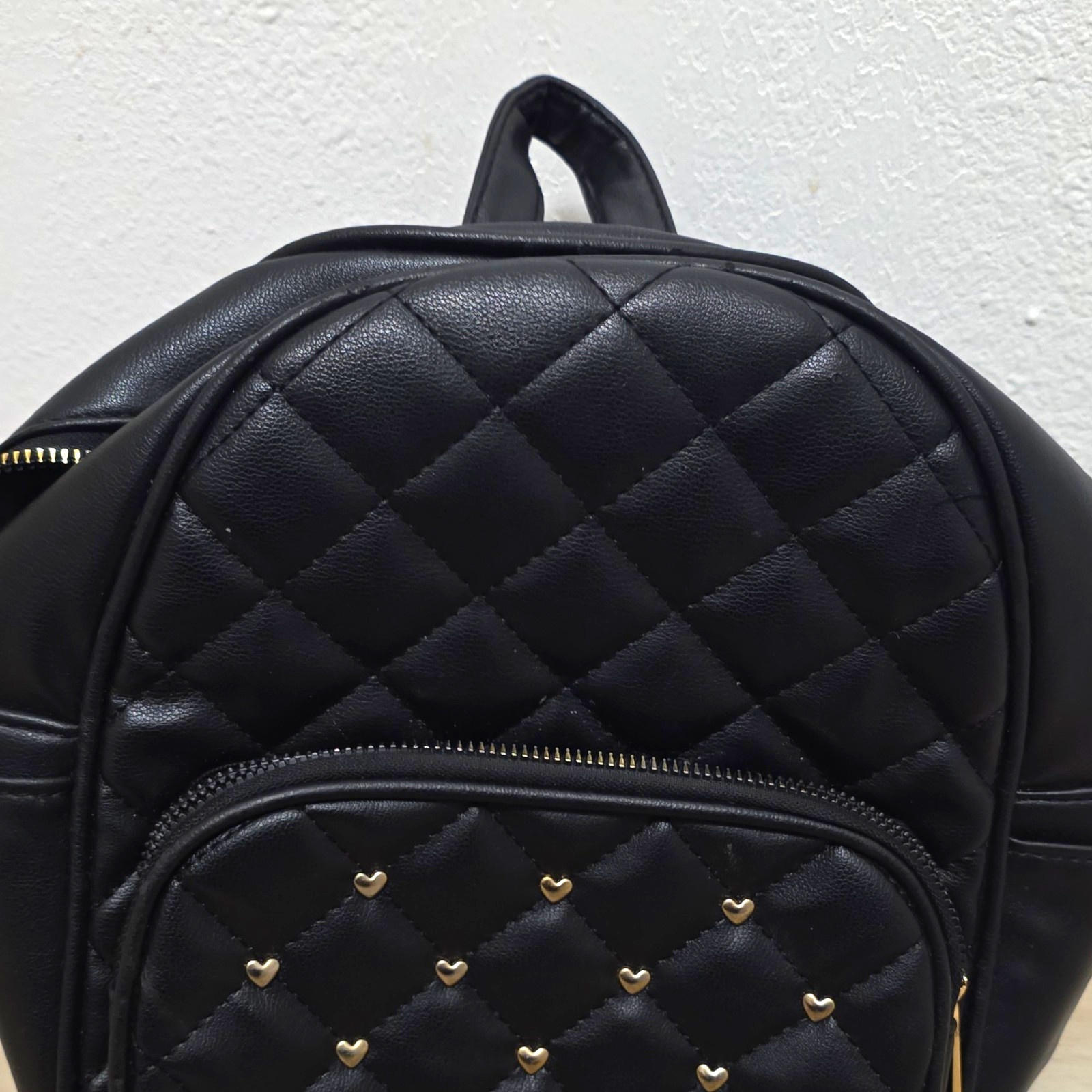 Women’s Black Quilted Backpack Gold-Tone Hardware Zip Closure Studded Pocket