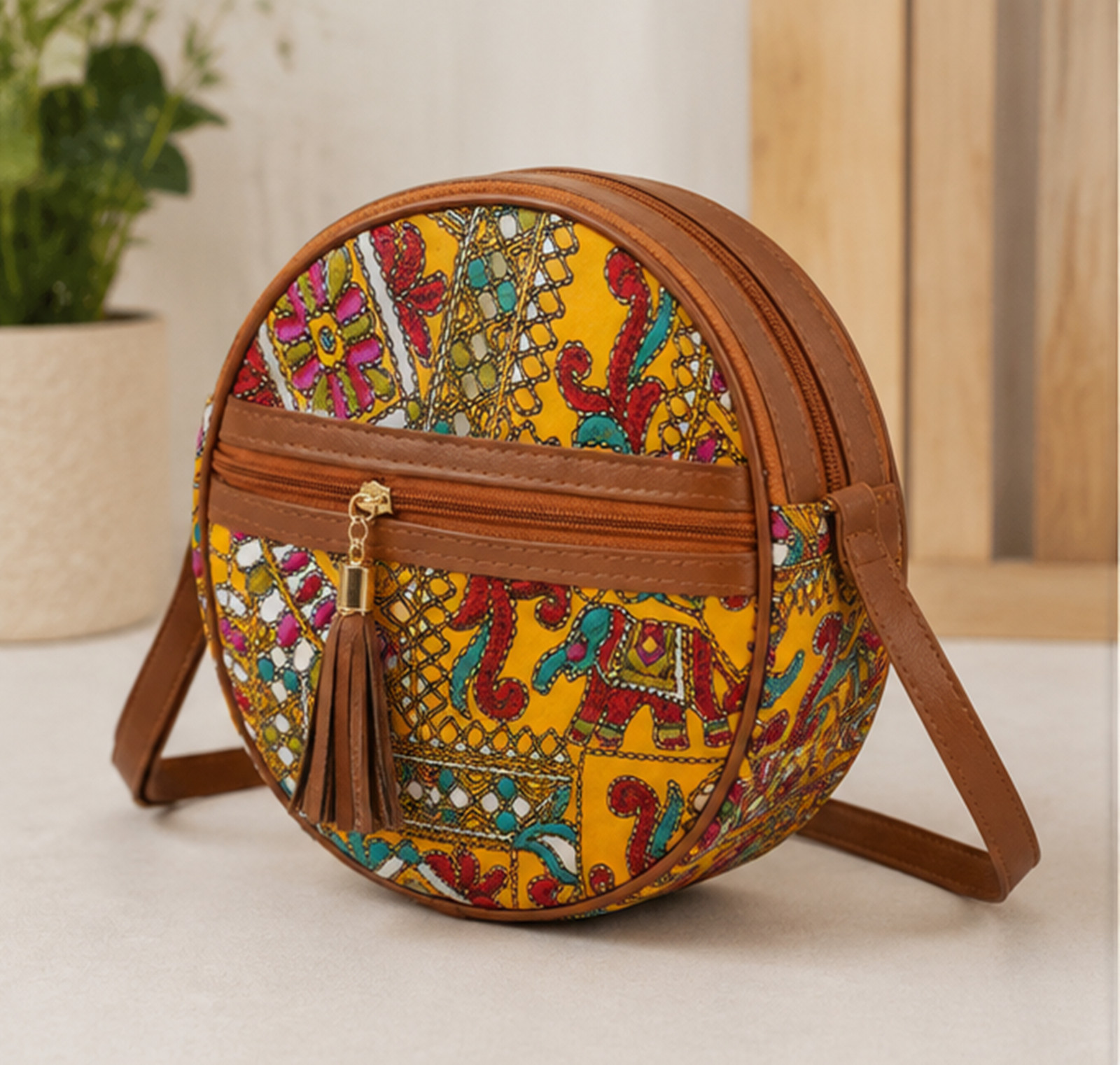 Round Boho Crossbody Bag, Handmade Yellow Tribal Print Purse, Ethnic Circular