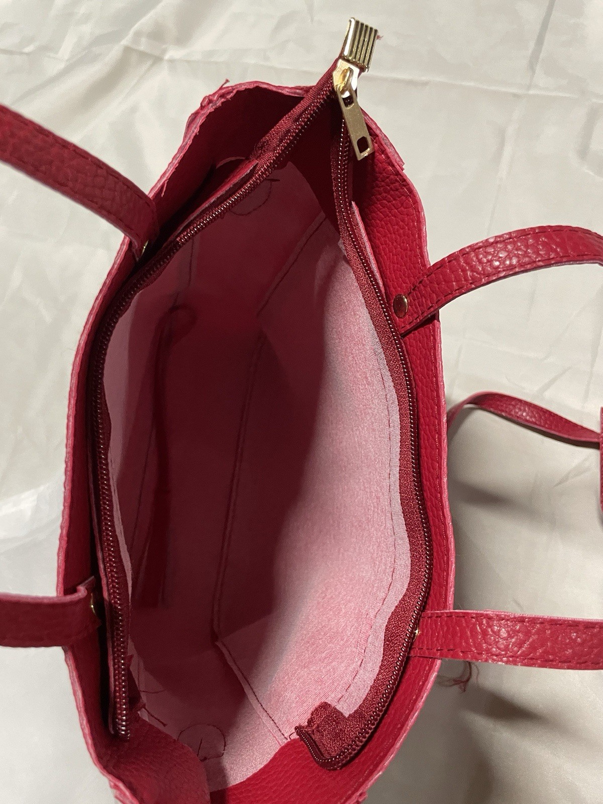 Red Solid Tote Handbag Zip Top Double Handles Gold Hardware w/ Pouch Coin Purse