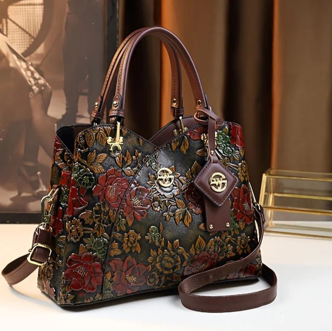 Vintage Style Flower Pattern Handbag, PU Leather Bag, Fashion Crossbody Bag