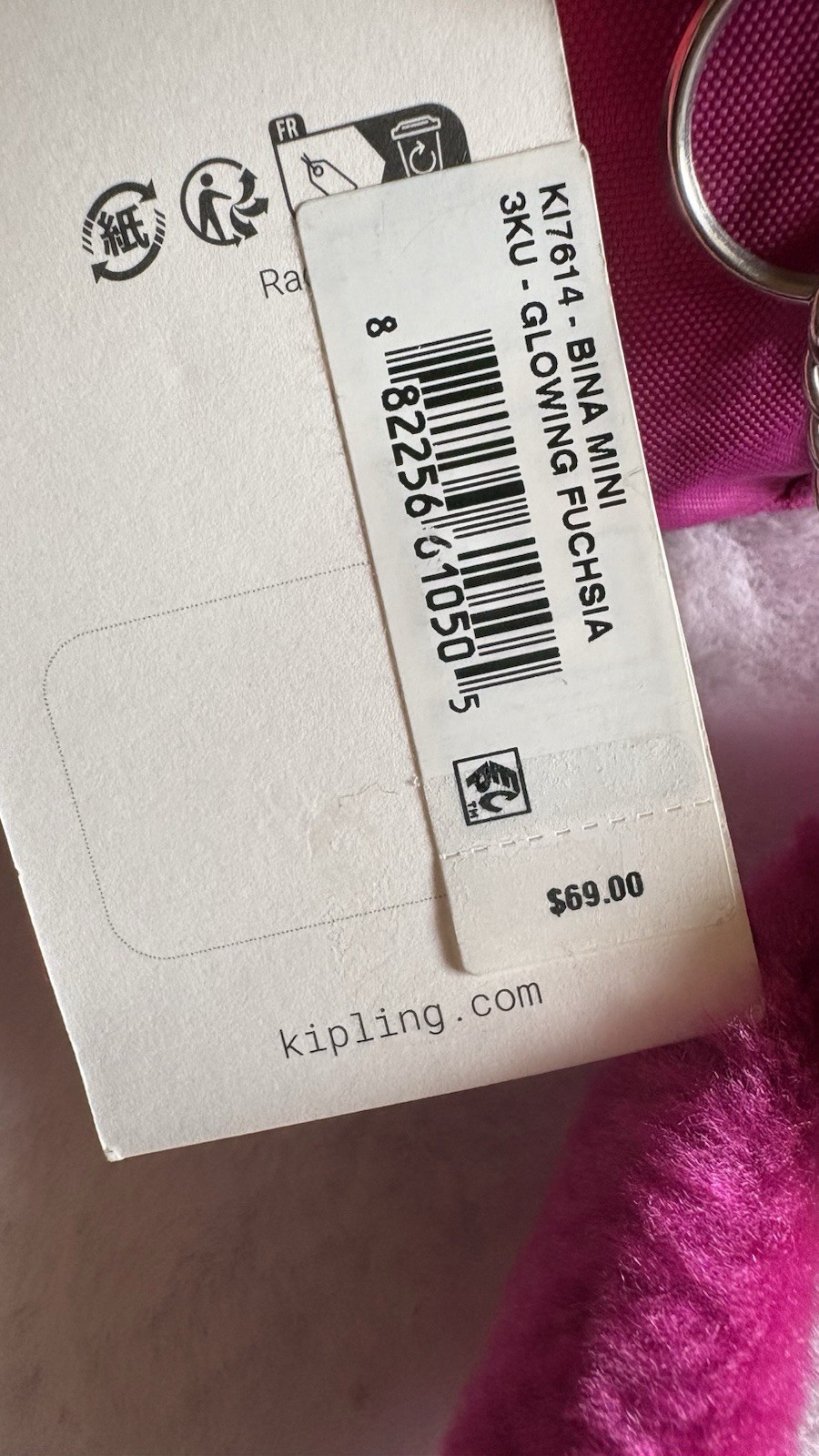 Genuine Kipling Bina Mini Small Duffle FUCHSIA Crossbody Terra w Keychain