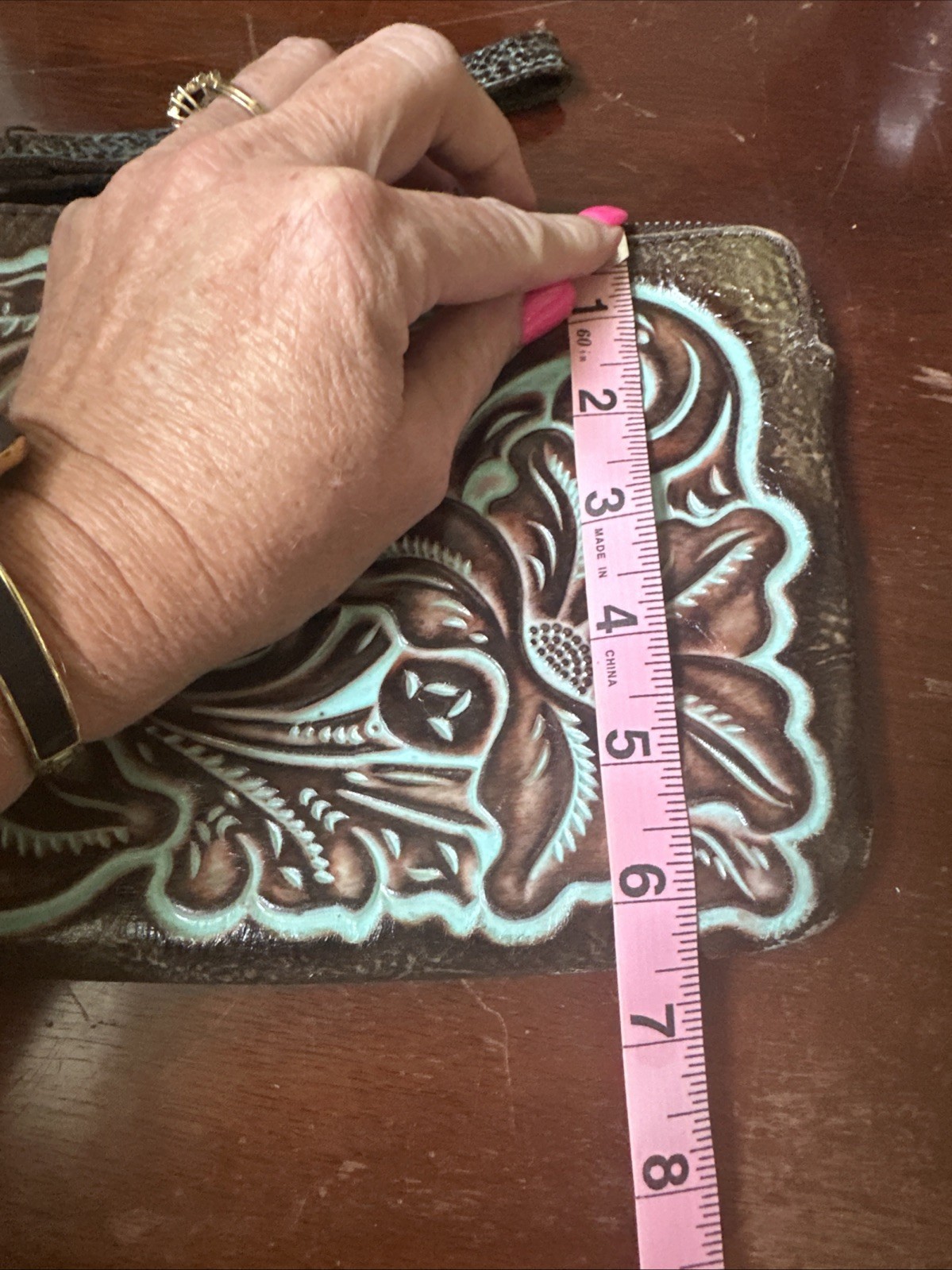 Patricia Nash Turquoise Tooled Brown Leather Wristlet Wallet Pouch 8.5 X 6.5 “