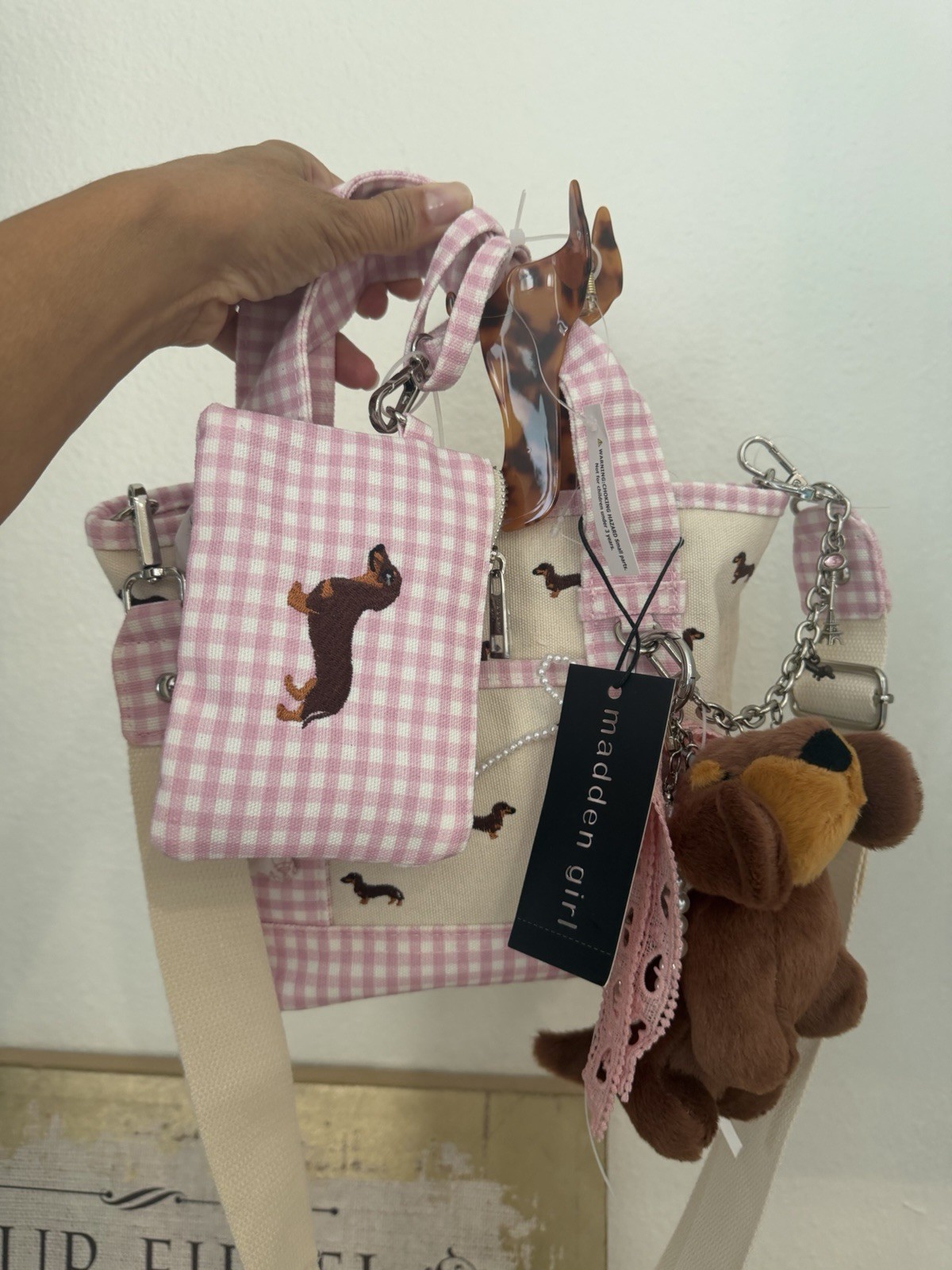 Madden Girl Pink Gingham Dog Print Crossbody Bag w/ Adjustable Strap & Charm