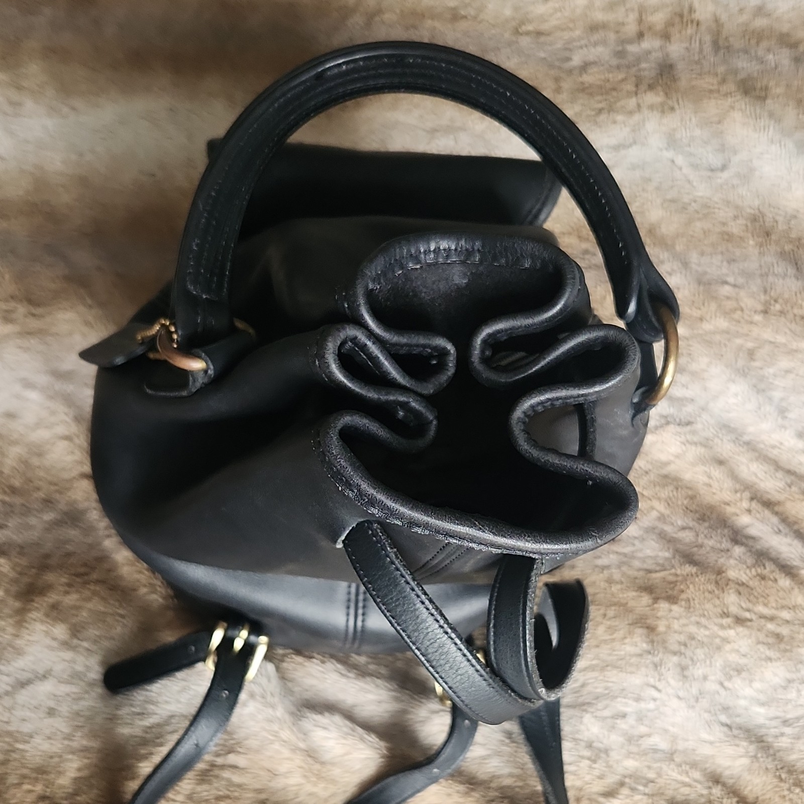 Coach Black Bucket Backpack, Drawstring & Turn Lock, Brass Hardware, Charm, 9992