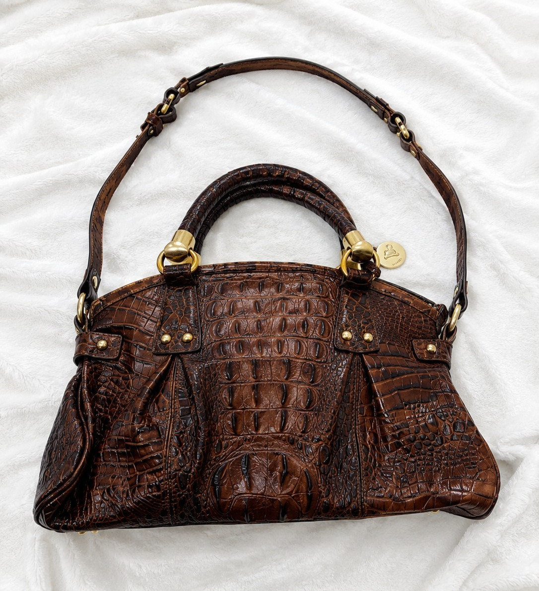 Brahmin Women’s Brown Embossed Croc-Style Satchel Top Handle Bag Gold Hardware