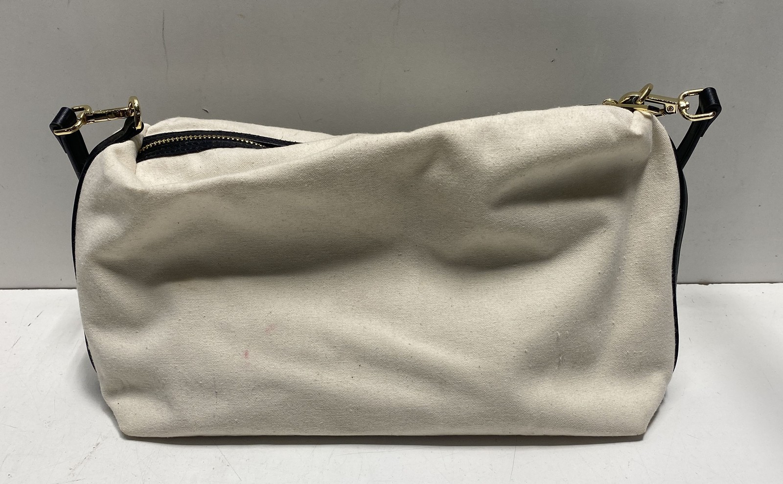 Made in Italy Cream Canvas Black Leather Trim Crossbody Shoulder Bag Gold HW