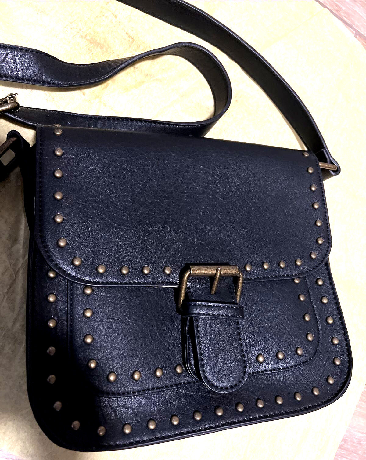 VTG Hayden-Harnett Handbag Blac Brass Studded Faux Leather mc