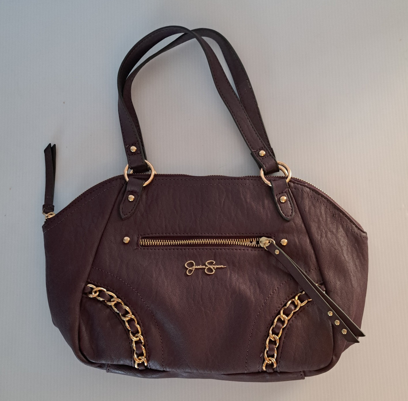 Jessica Simpson Satchel Handbag Maroon Faux Leather Gold Chain Accents Shoulder