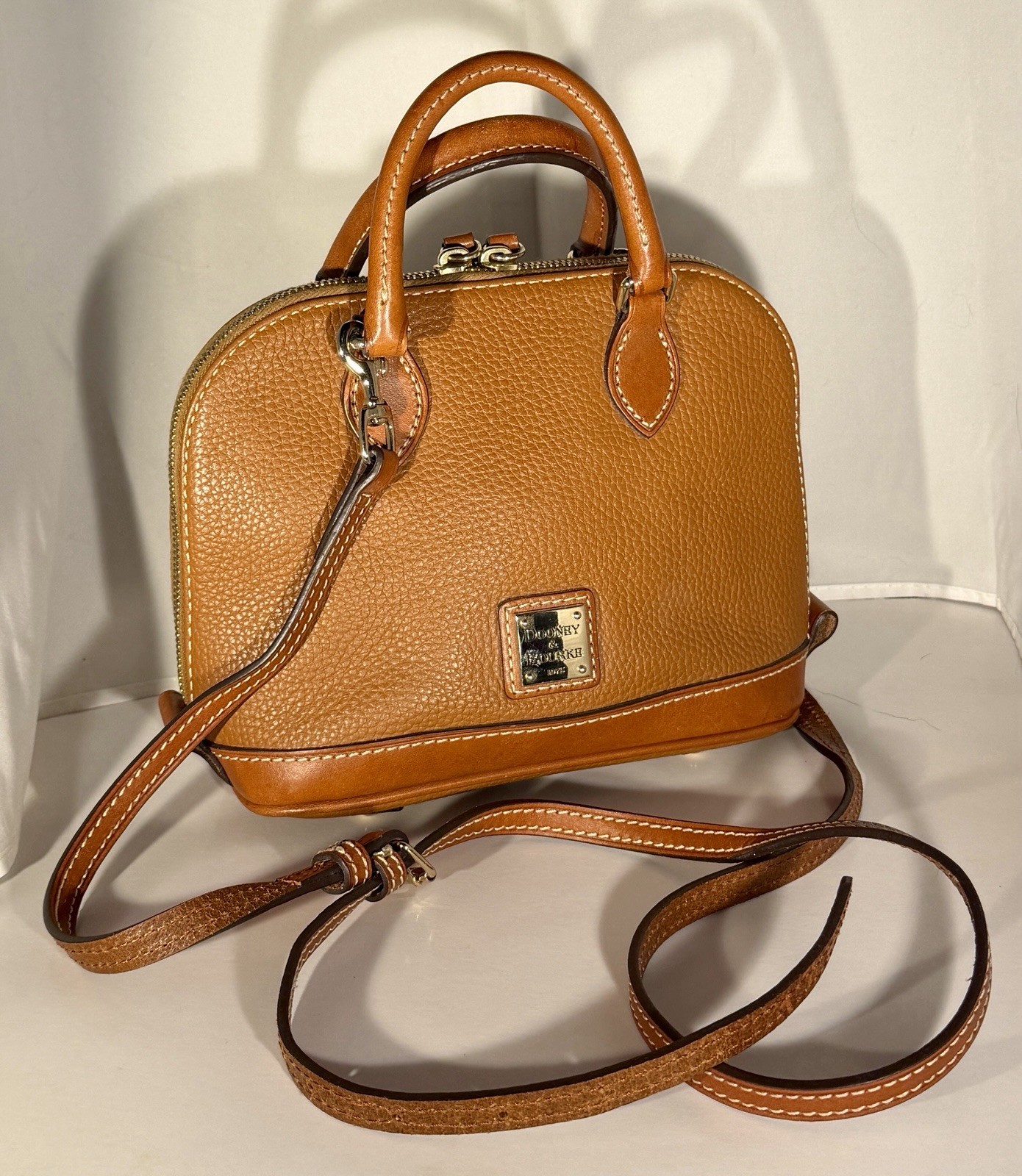Dooney & Bourke Pebble Leather Small Zip-Zip Bitsy Satchel Crossbody Bag Caramel