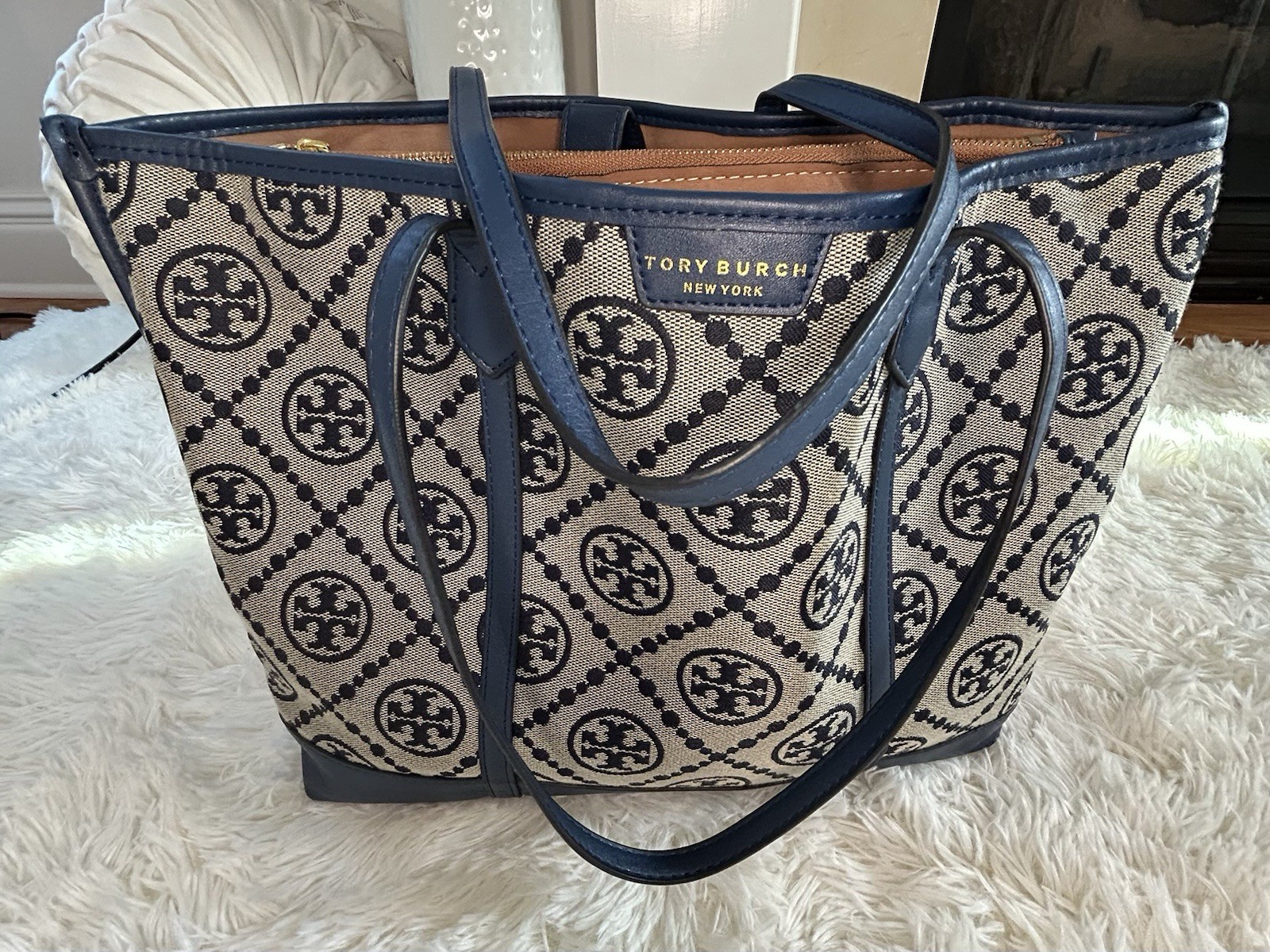 Tory Burch Canvas Monogram Tote Navy Blue Leather Trim Shoulder Bag Large