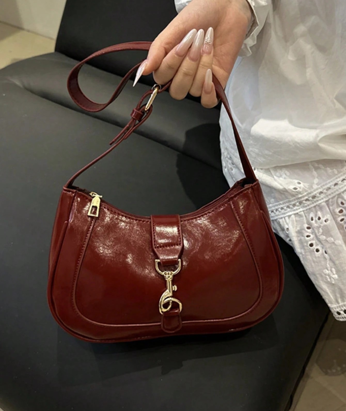 Women Retro Minimalist Crescent Shoulder Bag Hook Decor PU Leather Hobo Purse