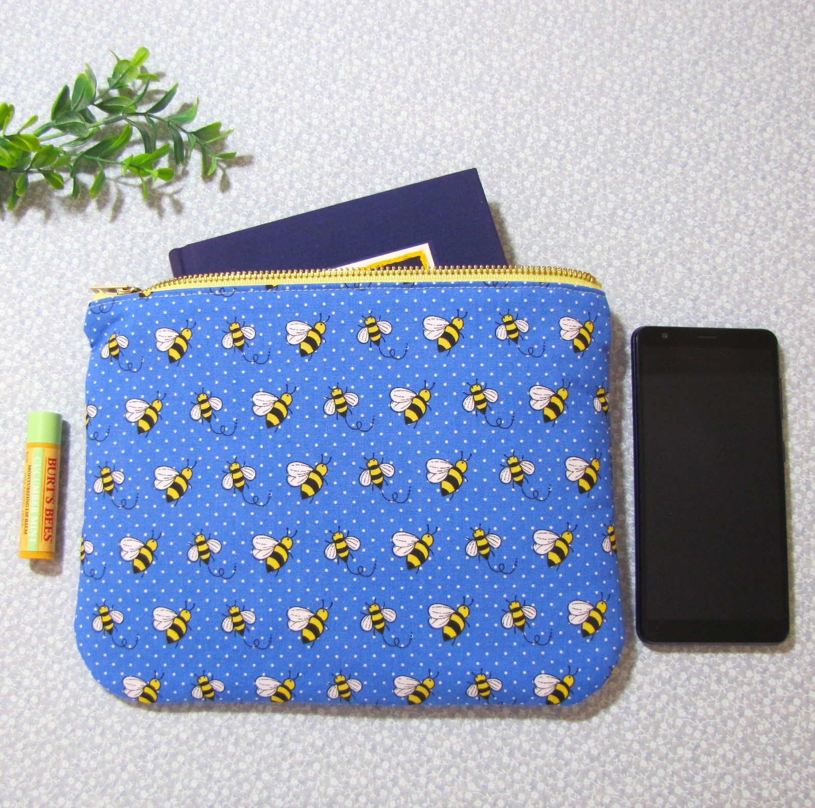 Honey Bee Zipper Pouch; Blue & Yellow Polka Dots Ditty Bag, 9.75 x 7.5″ Handmade