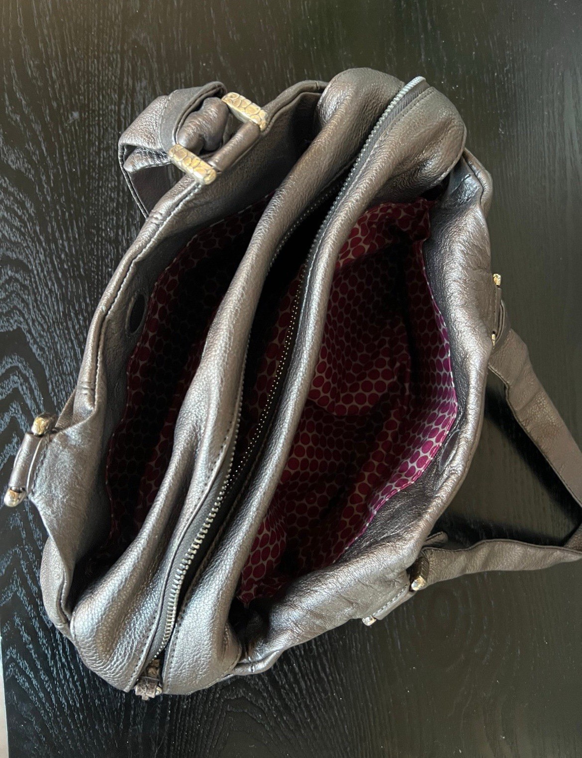 Brighton Metallic Silver Zip Satchel Top Handle Double Handles Pink Polka Lining