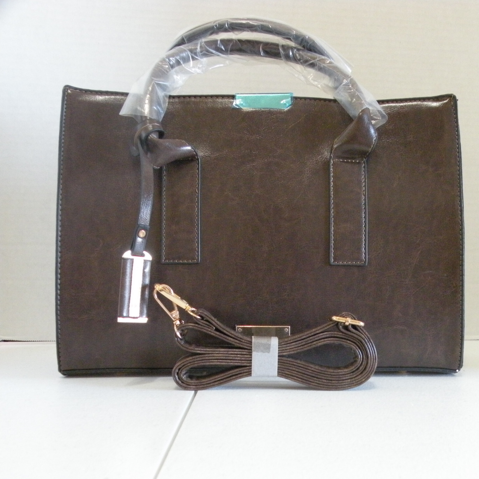 Dark Brown Leather Purse Handbag 13 in x 10 in x 5.5 in With Handles & Strap