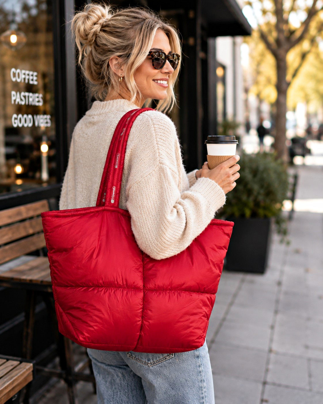 LeSportsac Red Large Tote Bag Snap Closure Lined Inner Pockets Silver Hardware