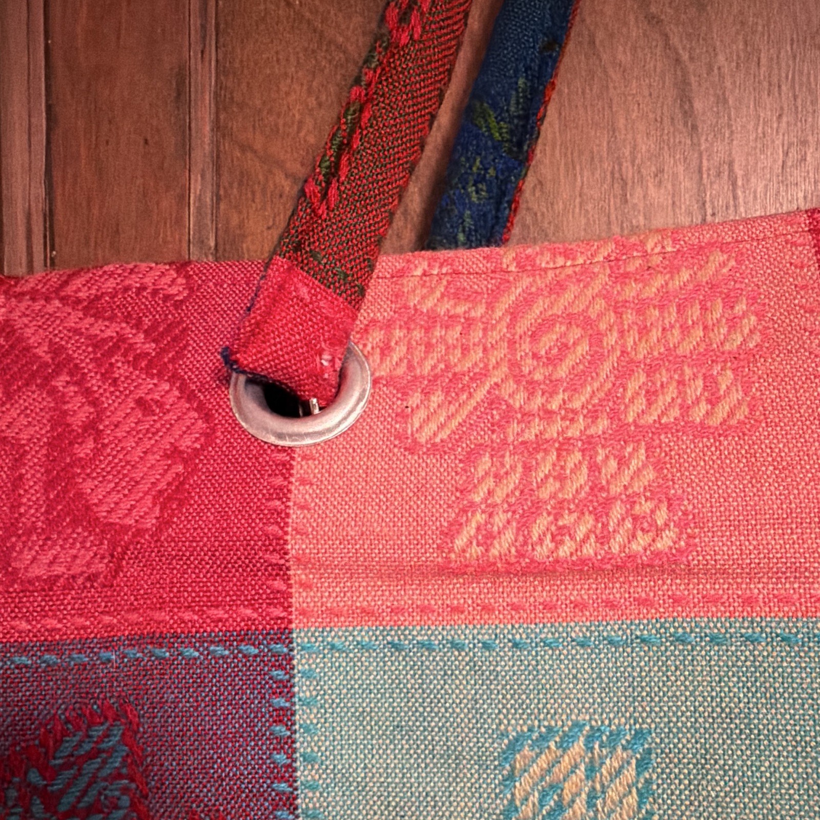 Multicolor Woven Tote Bag Zip Top Lined Outer Pockets Double Handles Mexico