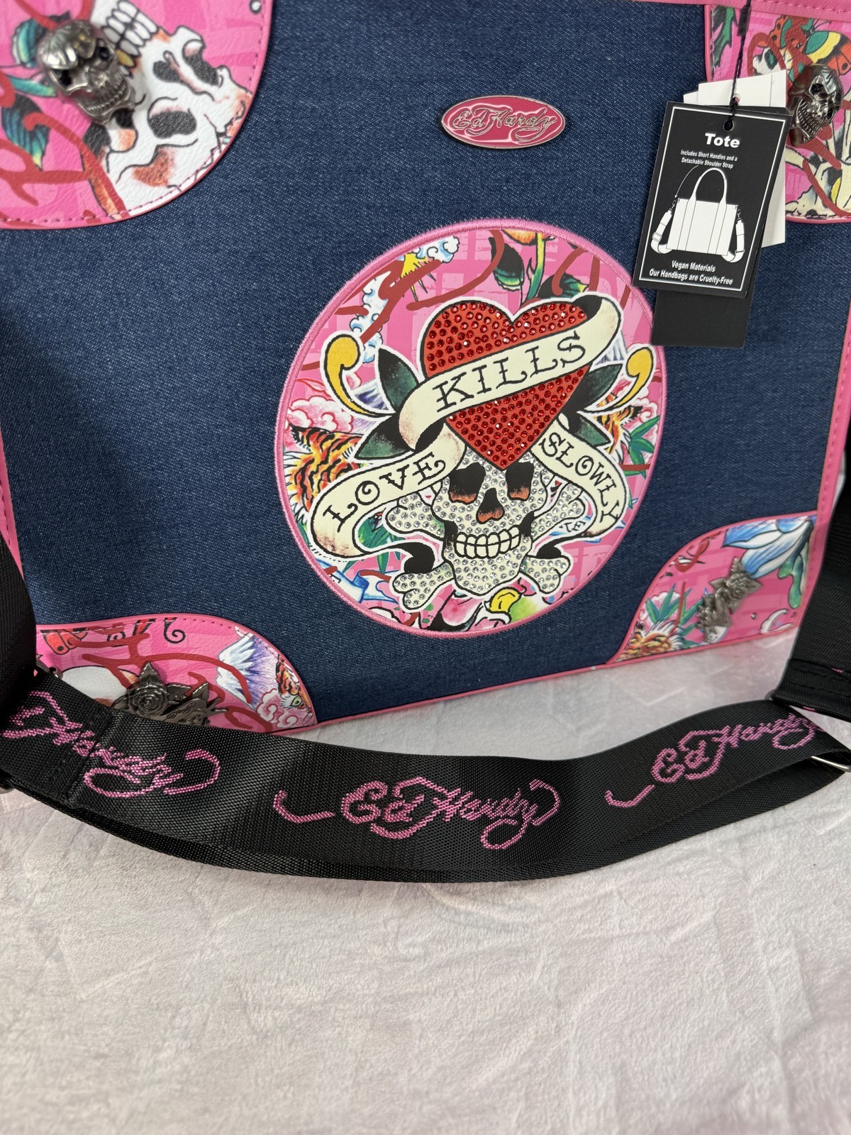 Ed Hardy Love Kills Slowly denim tote bag