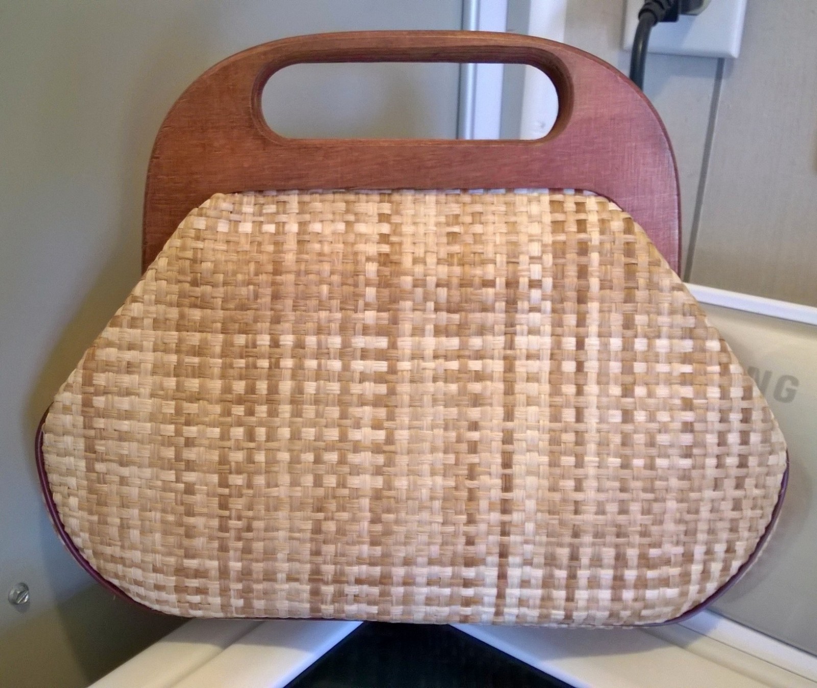 Vintage 60s 70s ETIENNE AIGNER Linen Leather Handbag Clutch Bag Wood Top Handle