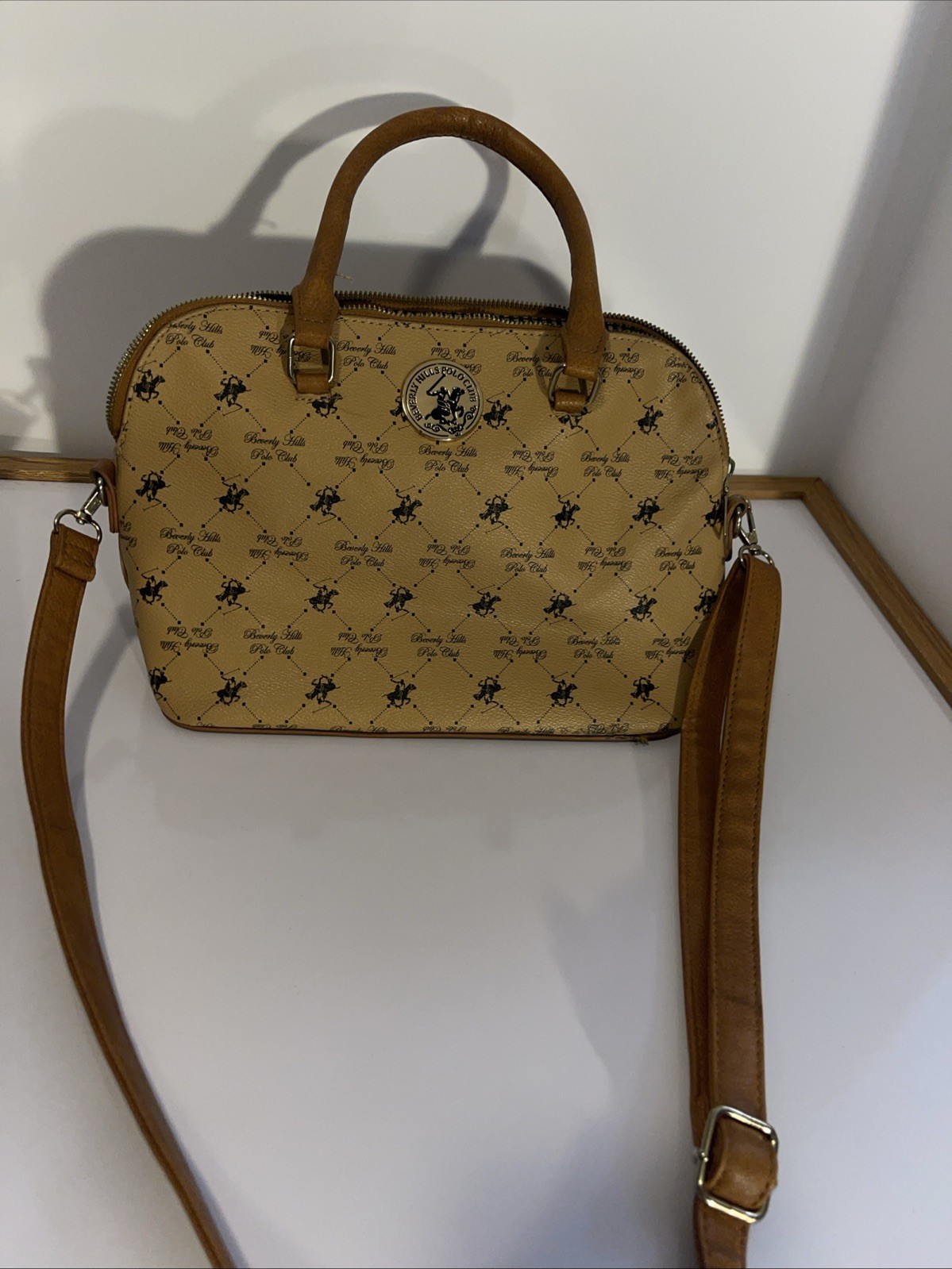 Beverly Hills Polo Club Monogram Dome Satchel Handbag Crossbody Tan Beige GREAT